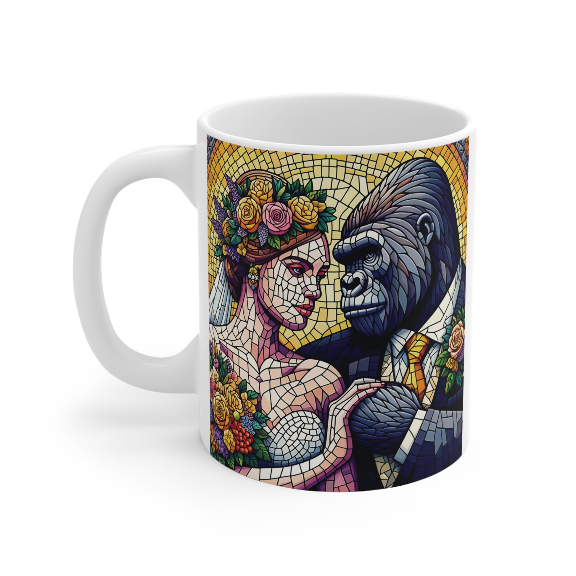 Artistic gorilla and bride stained glass mug, colorful mosaic animal artwork on ceramic coffee cup, unique gift idea for her or him
