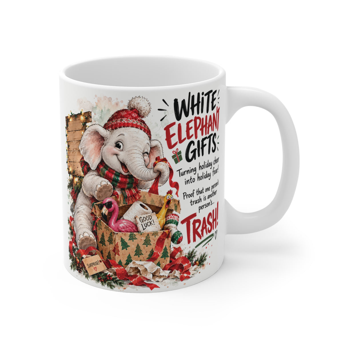 Funny White Elephant gift mug featuring a festive elephant and humorous holiday gift exchange artwork on an 11oz coffee mug.