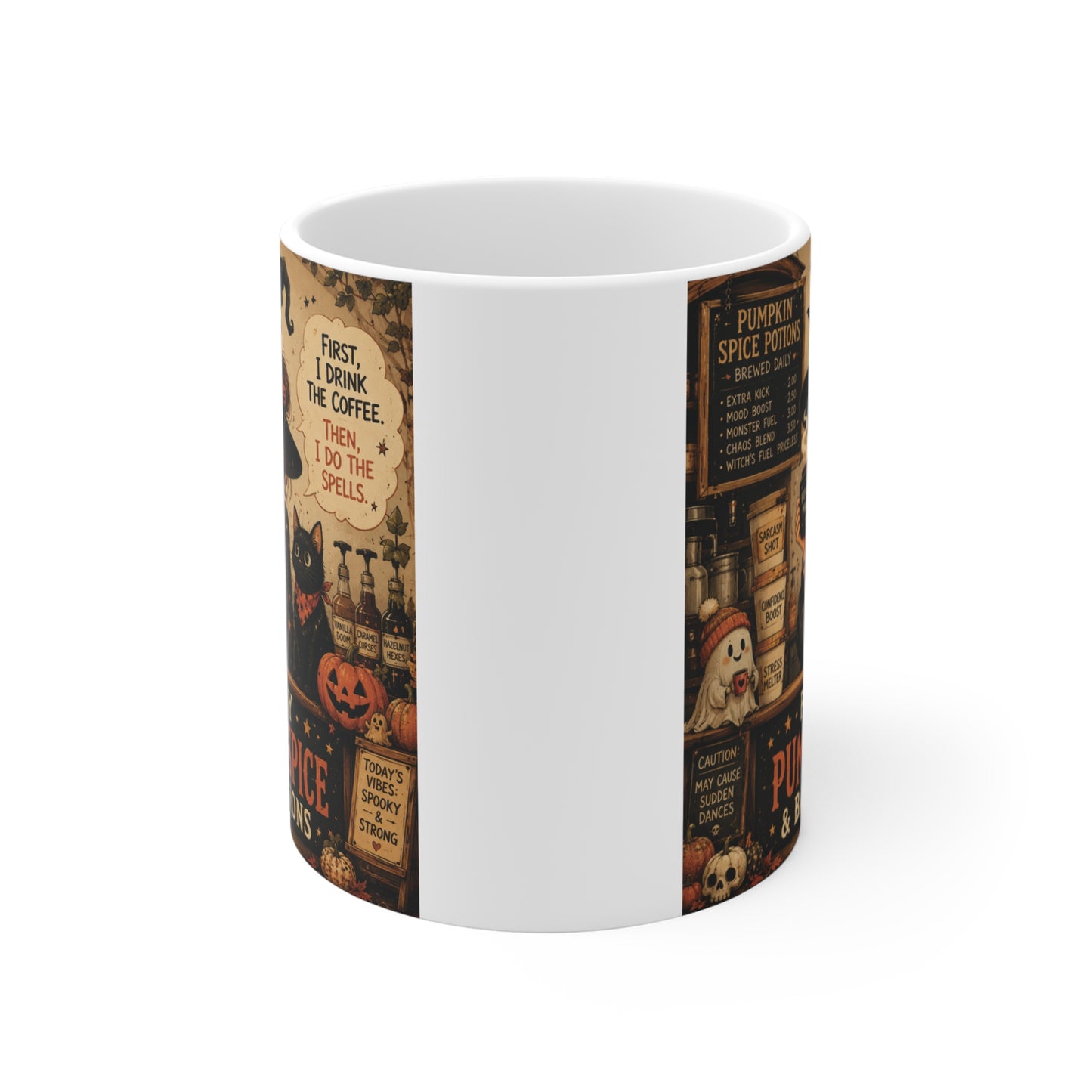 Fueled by Pumpkin Spice and Bad Decisions funny witch coffee mug with black cat and fall potion cart illustration