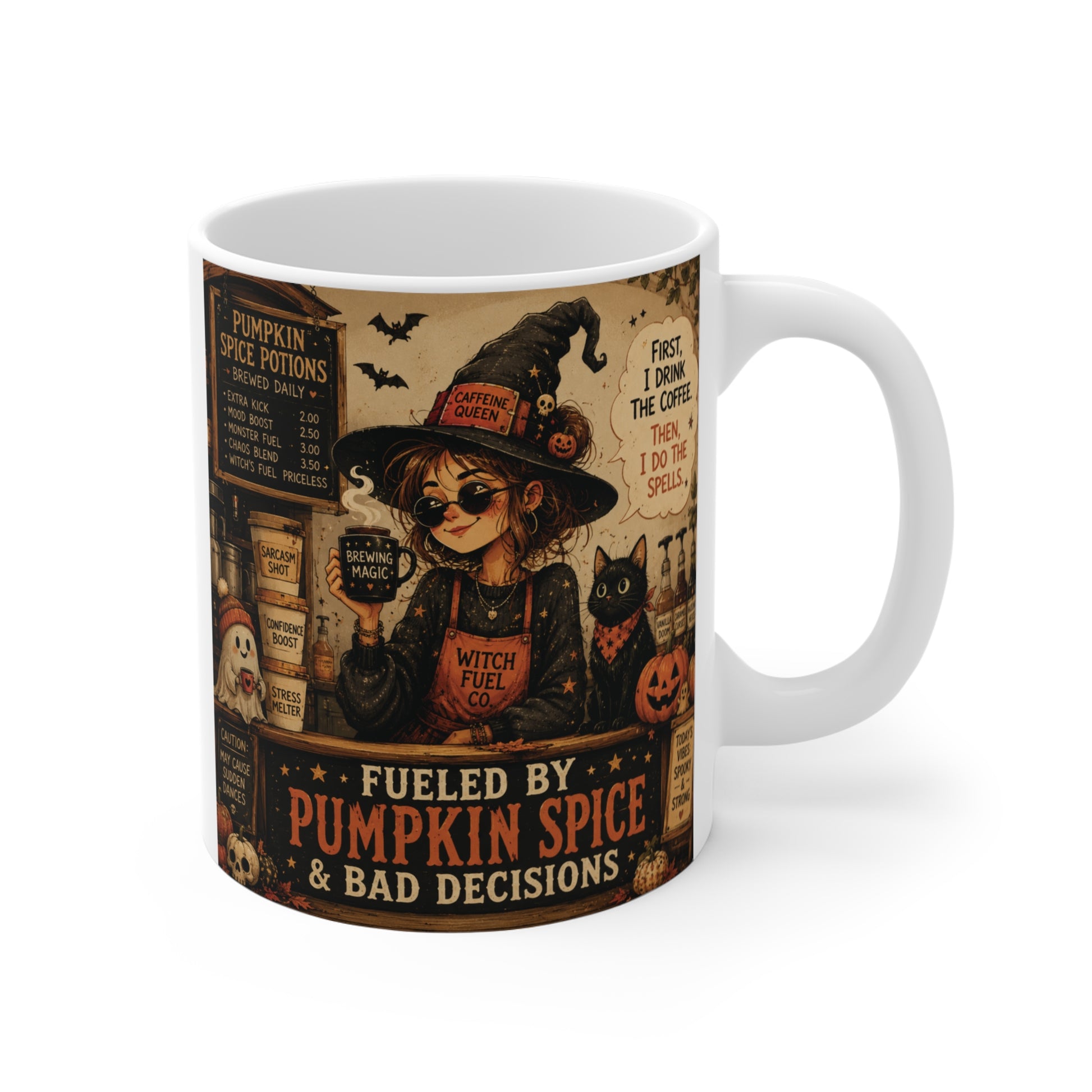 White 11oz ceramic coffee mug featuring a colorful illustration of a witch in a cozy coffee shop with the text Fueled by Pumpkin Spice & Bad Decisions