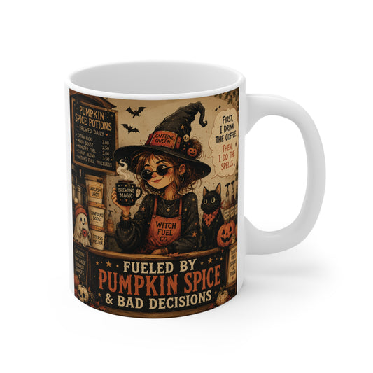 White 11oz ceramic coffee mug featuring a colorful illustration of a witch in a cozy coffee shop with the text Fueled by Pumpkin Spice & Bad Decisions