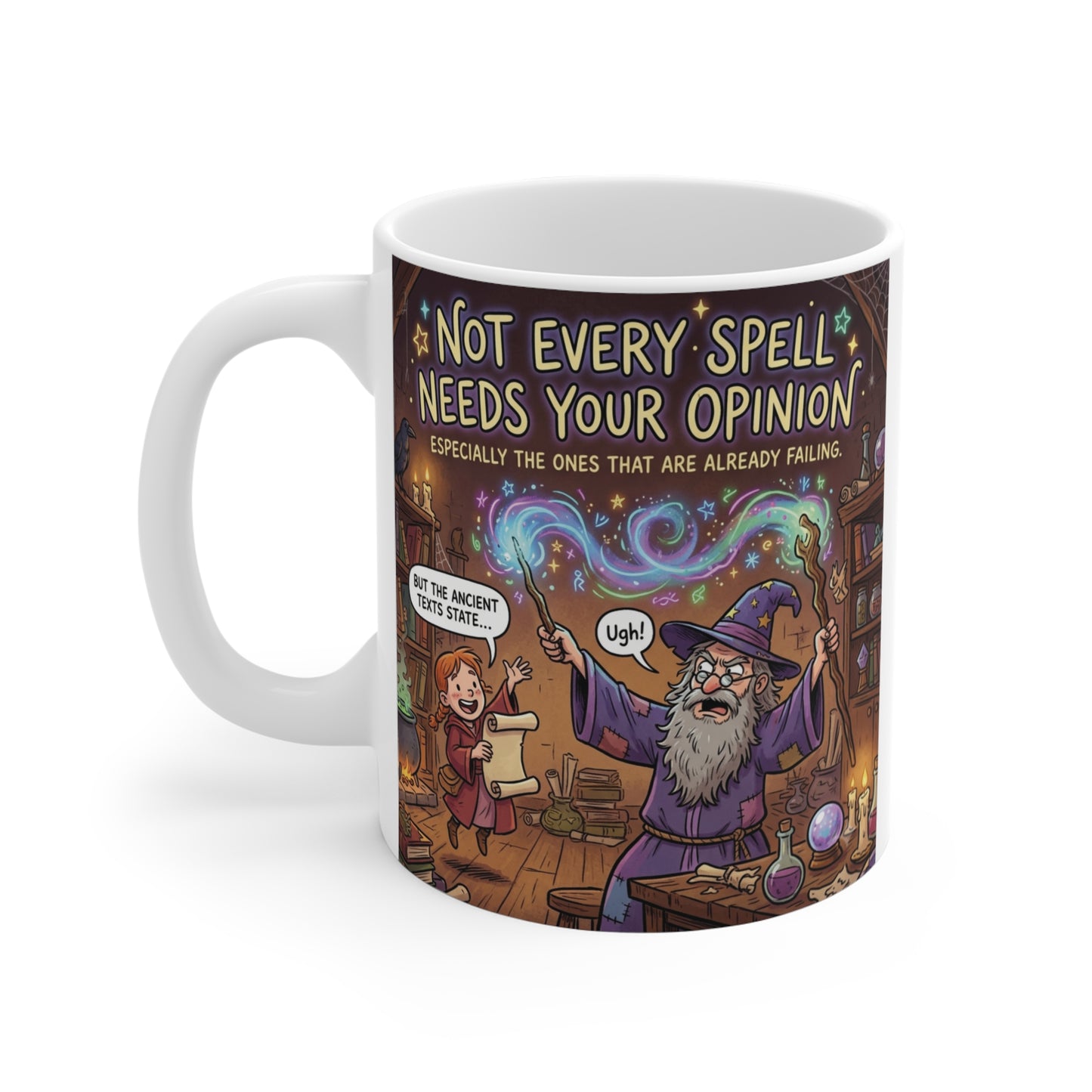 White 11oz mug with full wrap graphic of a frustrated fantasy spellcaster and apprentice, ideal gift for tabletop RPG gamers