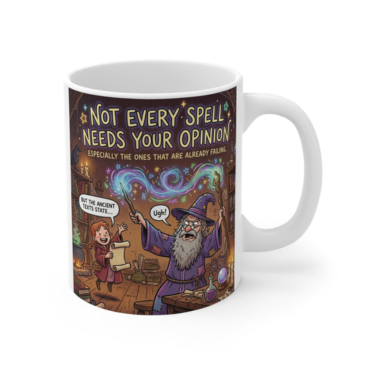 11oz ceramic coffee mug featuring a colorful cartoon wizard casting a spell with the funny quote "Not Every Spell Needs Your Opinion"