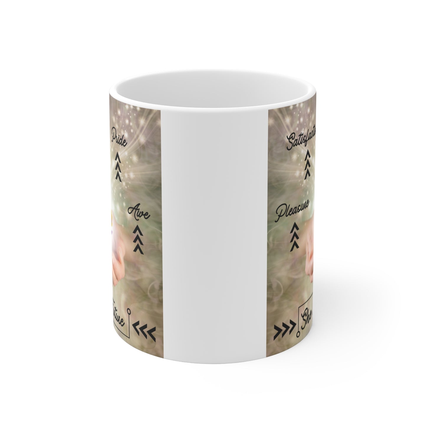 Feminist inspirational coffee mug featuring ‘She is the Future’ text, blooming flowers, and uplifting words like pride and satisfaction