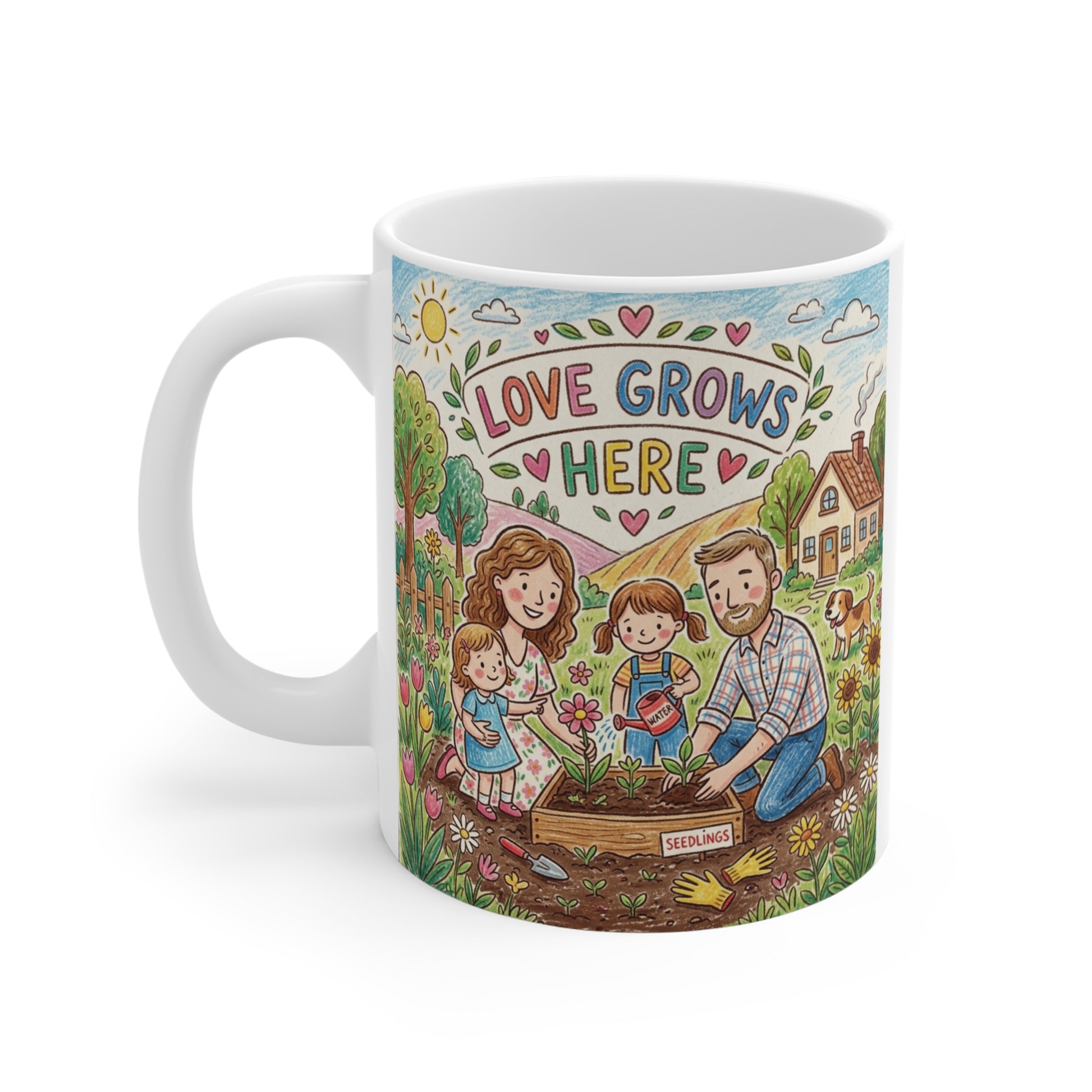 Inspirational gardening mug with cottagecore watercolor artwork of parents and children gardening together