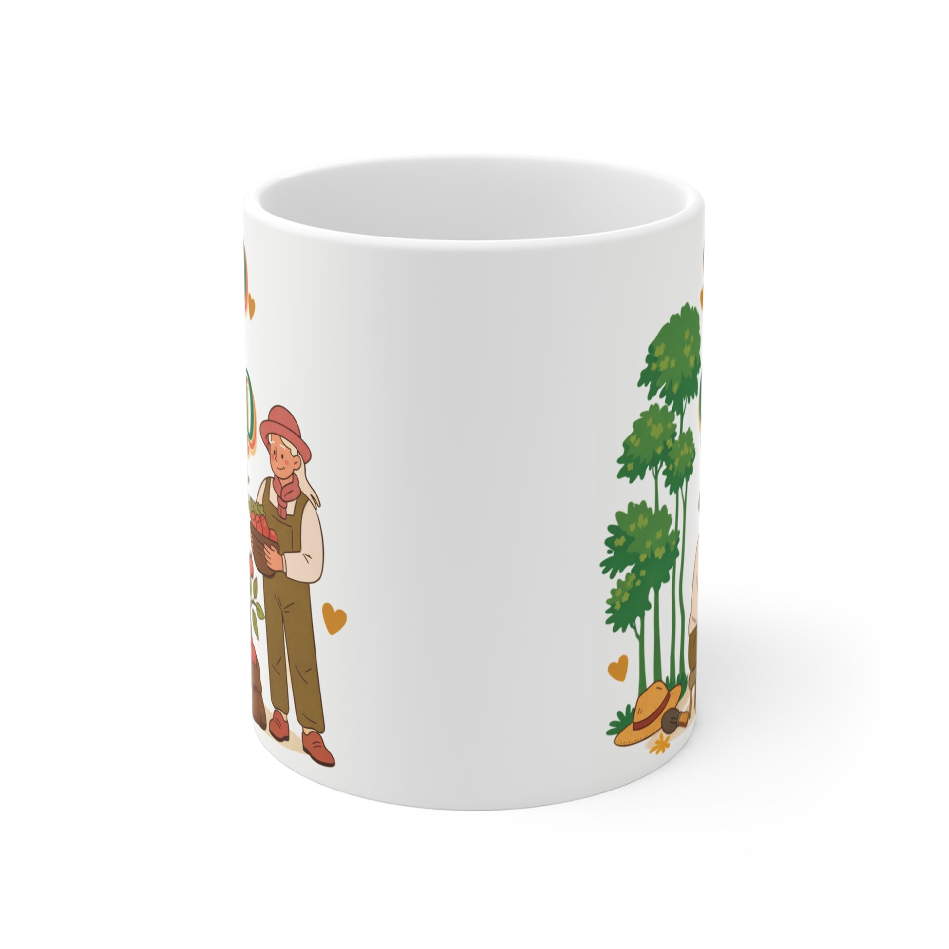 Ceramic gardening coffee mug with Old But Gold quote and charming vintage garden illustration.