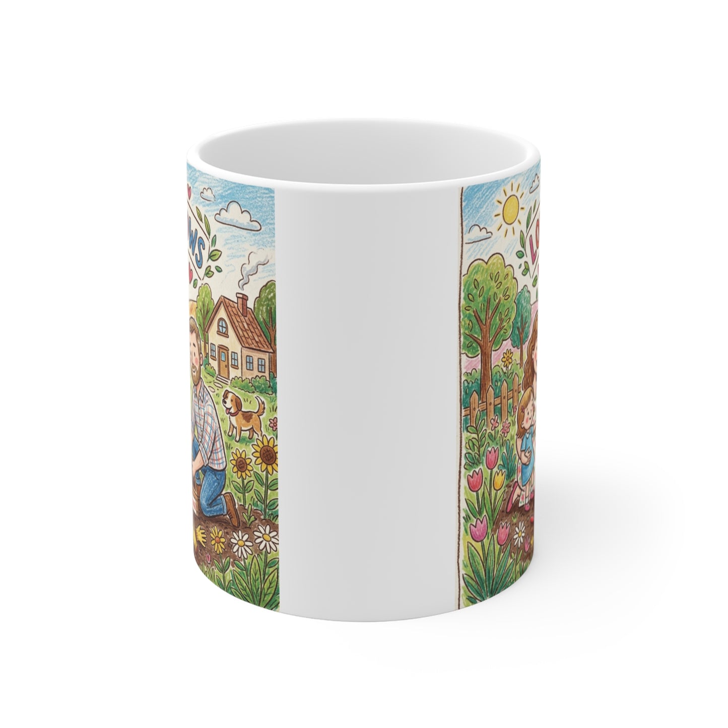 Cute floral coffee mug featuring a happy family planting flowers in a colorful garden scene