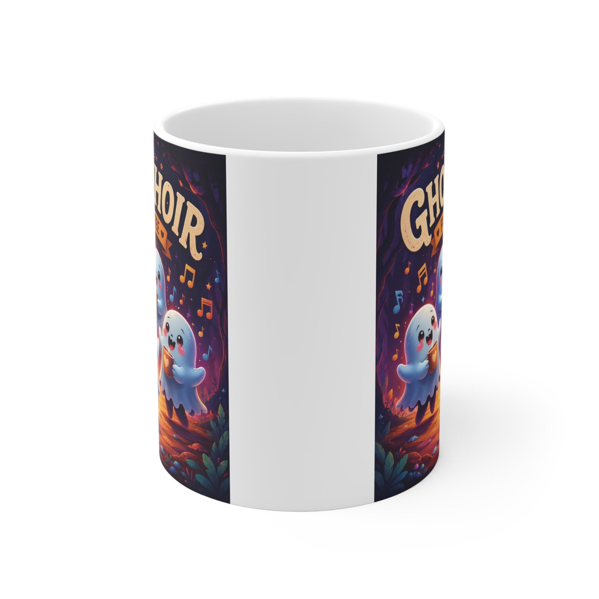 Cute Ghost Choir Fueled by Coffee 11oz ceramic mug featuring five adorable singing ghosts holding coffee mugs with colorful musical notes, perfect for Halloween, coffee lovers, choir singers, and music teachers.