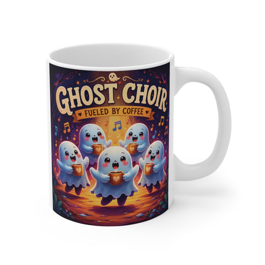 Cute Ghost Choir Fueled by Coffee 11oz ceramic mug featuring five adorable singing ghosts holding coffee mugs with colorful musical notes, perfect for Halloween, coffee lovers, and music enthusiasts.