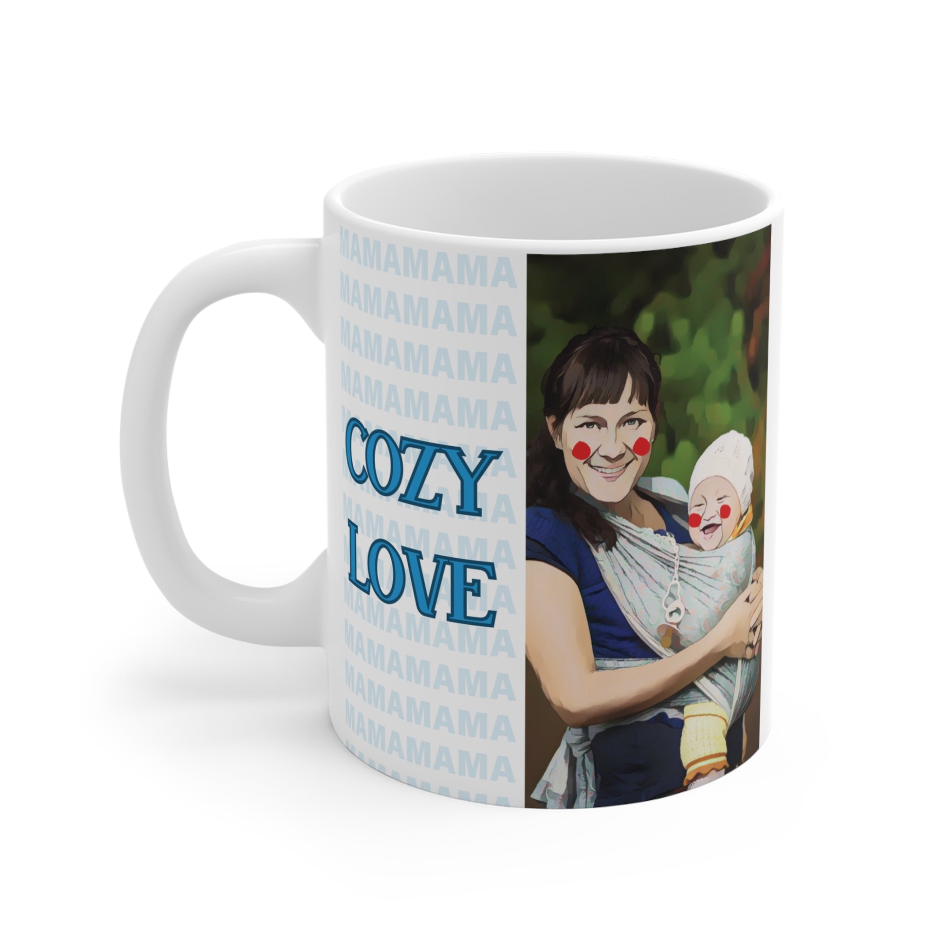 Cozy Love mama mug with mother holding baby in sling, cute family illustration and soft aesthetic design
