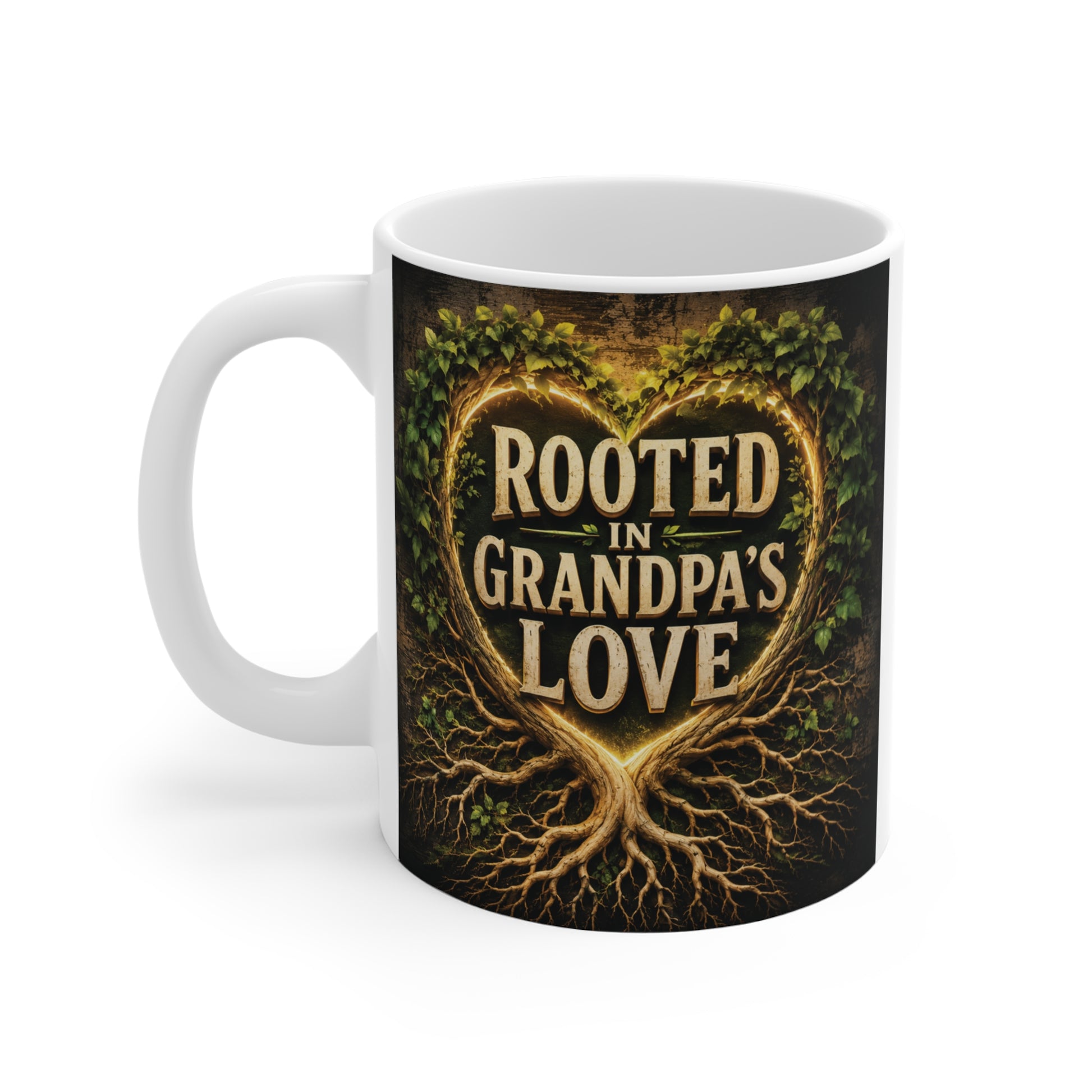 Family roots themed ceramic coffee mug displaying Rooted In Grandpa's Love text surrounded by glowing tree roots and leaves, ideal Christmas gift for Grandfather.