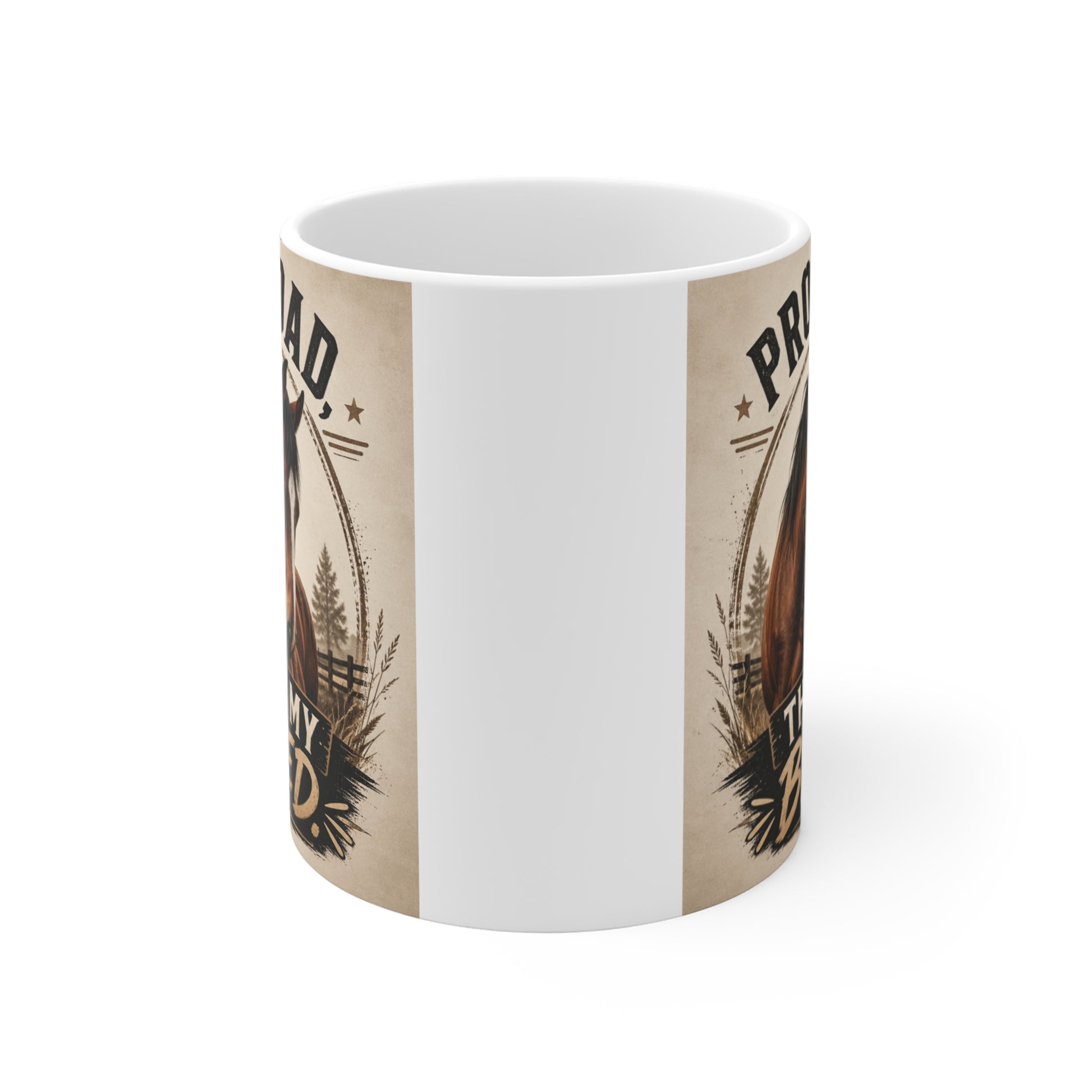 Equestrian dad coffee mug featuring horse and baby foal artwork, Father’s Day gift ceramic cup