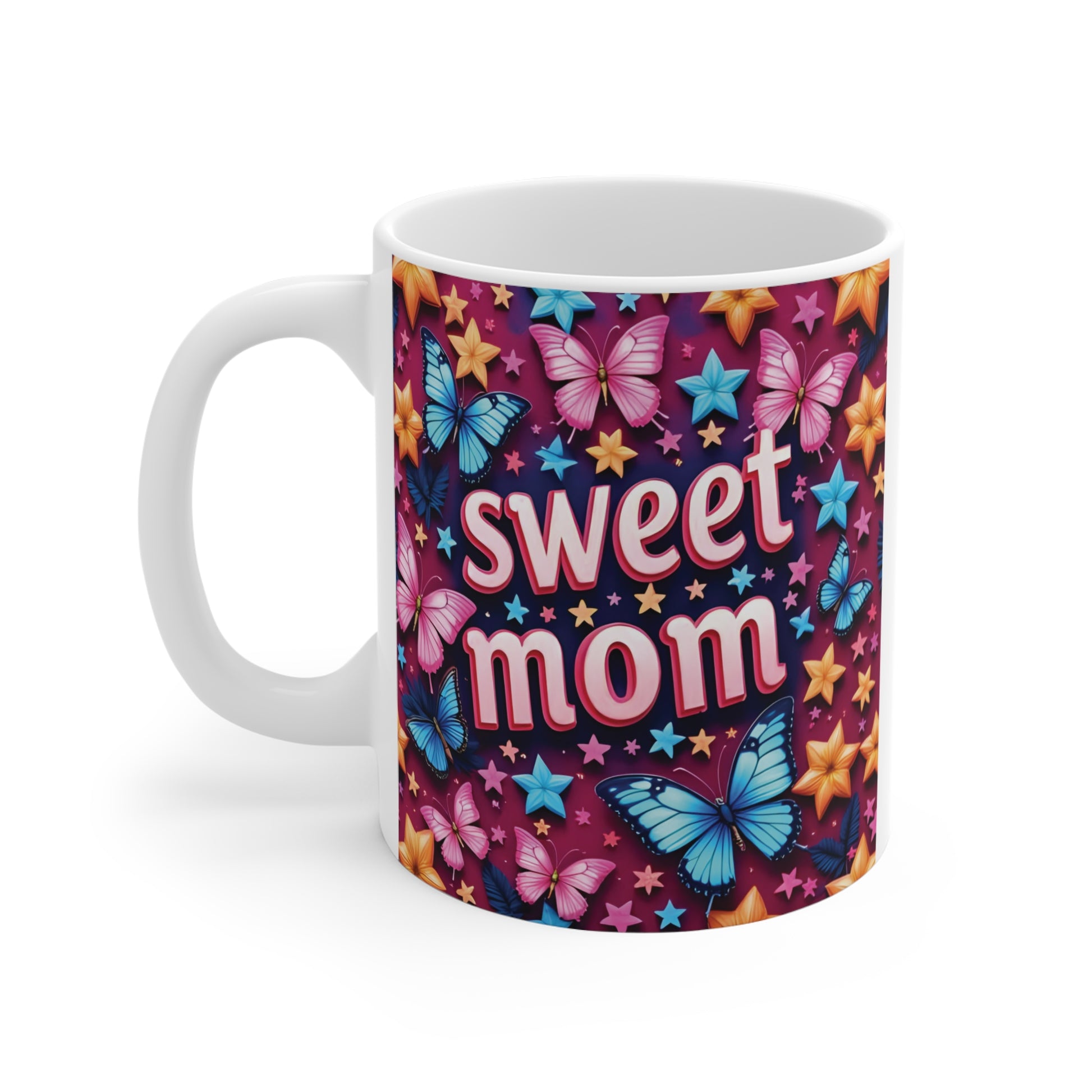 Cute Mother’s Day gift mug with colorful floral pattern and butterfly design