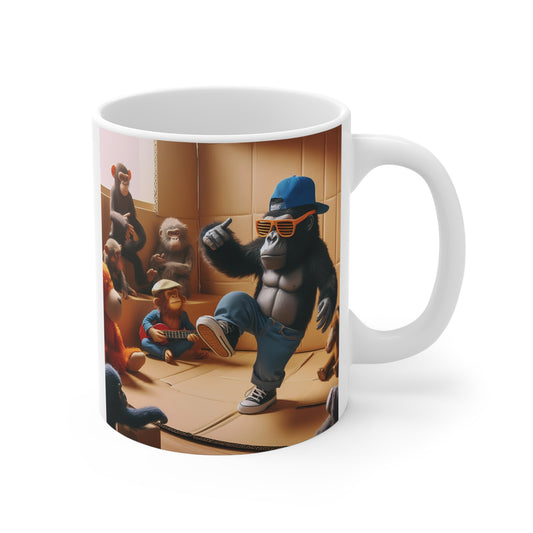 White ceramic mug featuring a stylish gorilla wearing sunglasses, a blue cap, and sneakers while dancing with cartoon monkeys in a playful cardboard room scene.