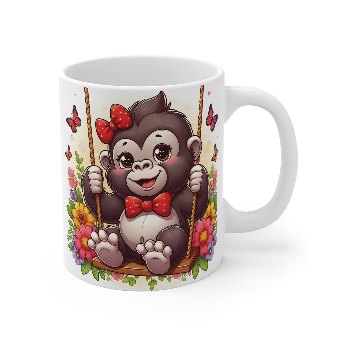Cute baby gorilla swinging on floral swing with red bow and butterflies on white ceramic mug – adorable animal coffee cup gift