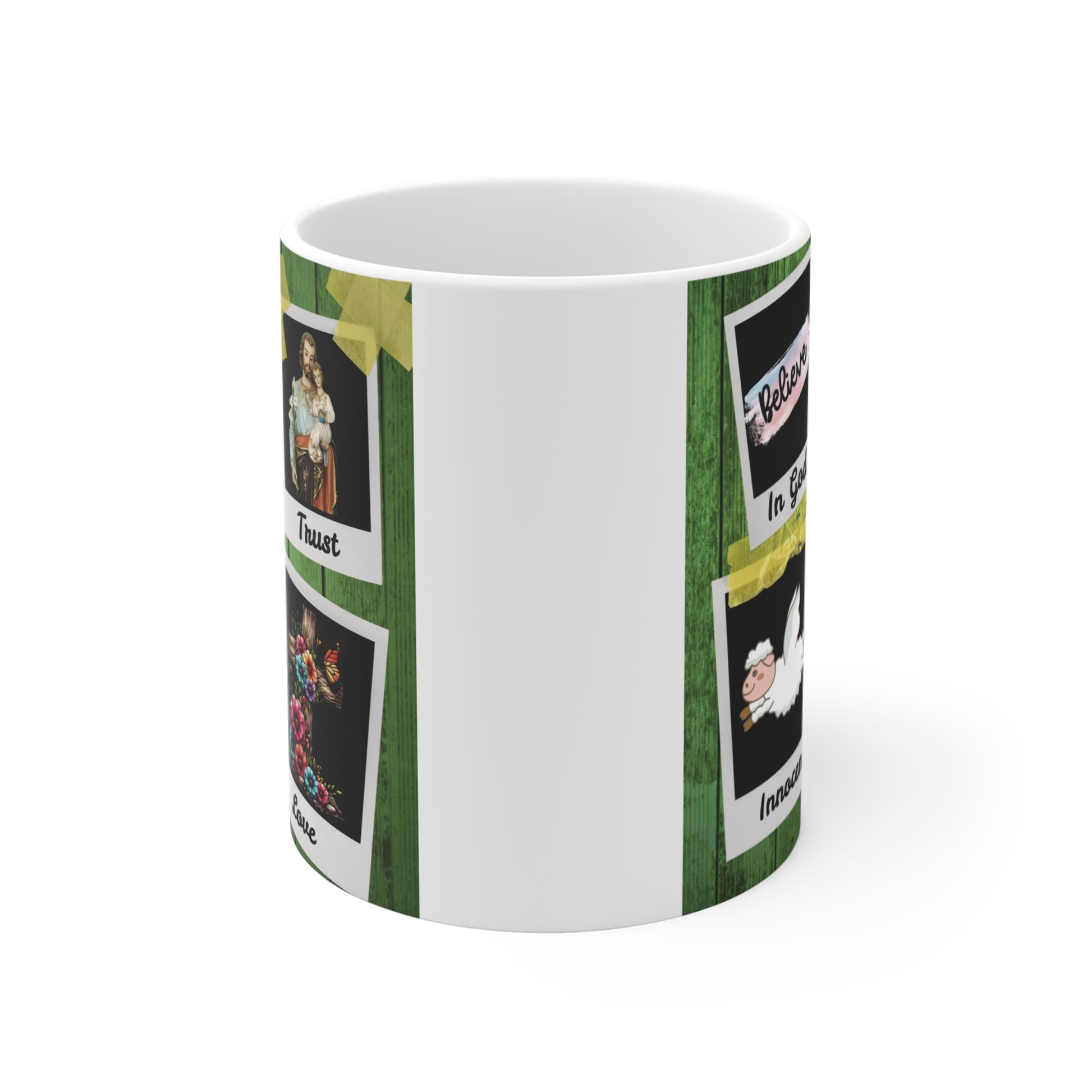Inspirational Christian mug with cross centerpiece and collage of faith symbols, Bible verse and spiritual themes gift