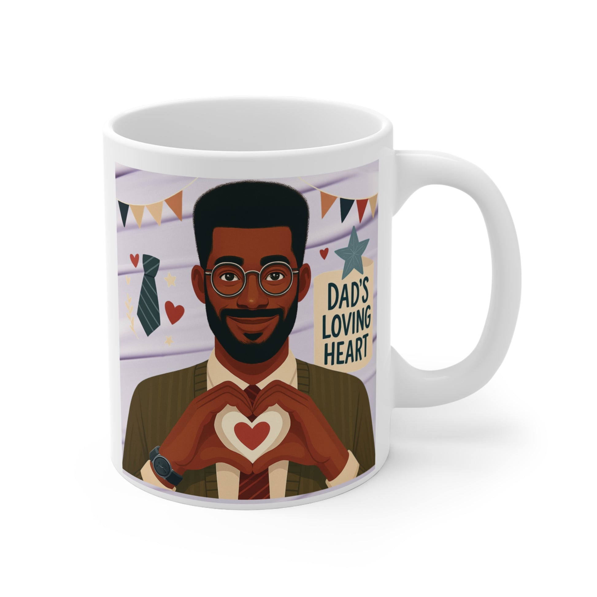 Father appreciation coffee mug featuring smiling dad illustration and ‘Dad’s Loving Heart’ quote, meaningful gift for dad from kids