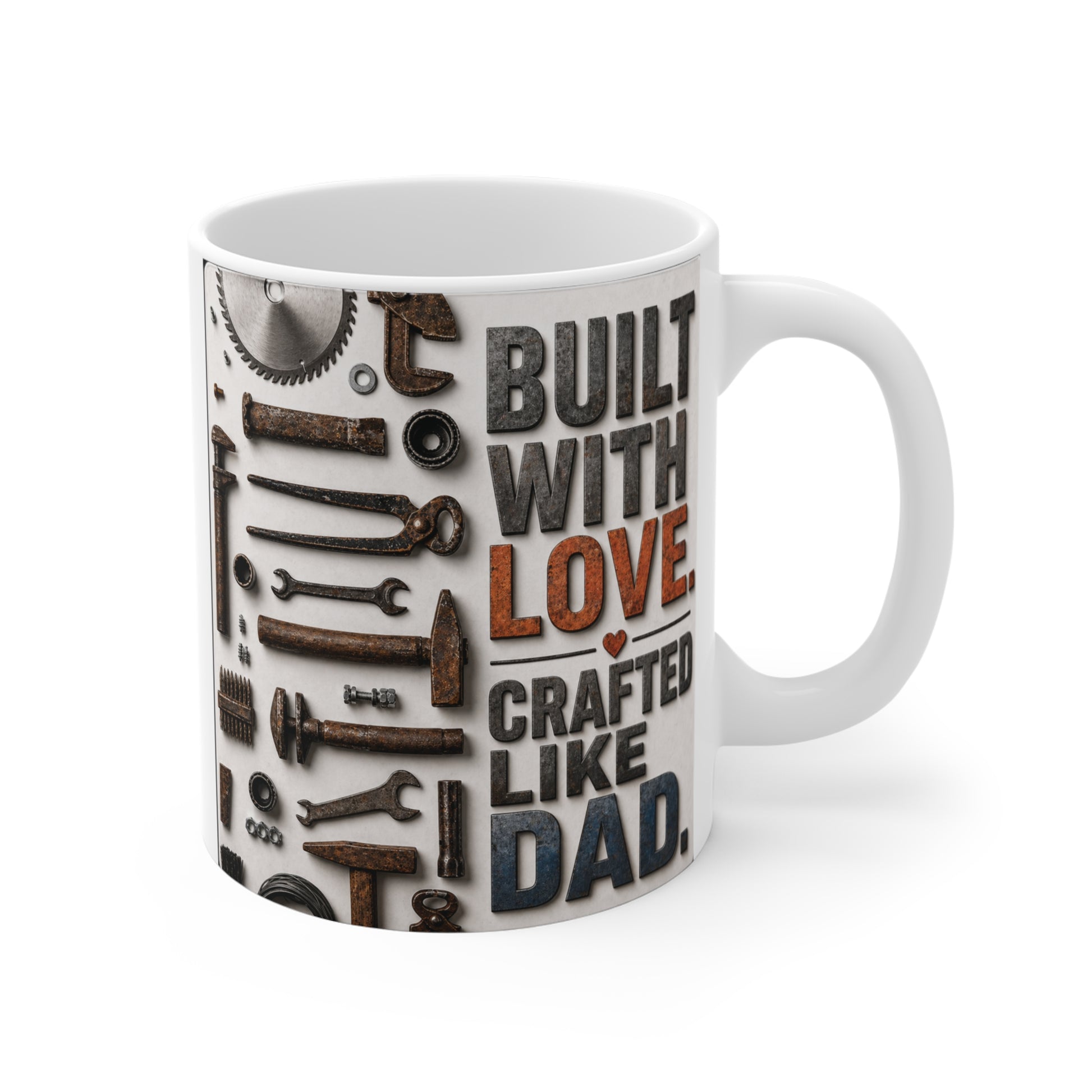 Built With Love Crafted Like Dad mug with tool design, 11oz ceramic coffee mug gift for dad handyman Father’s Day