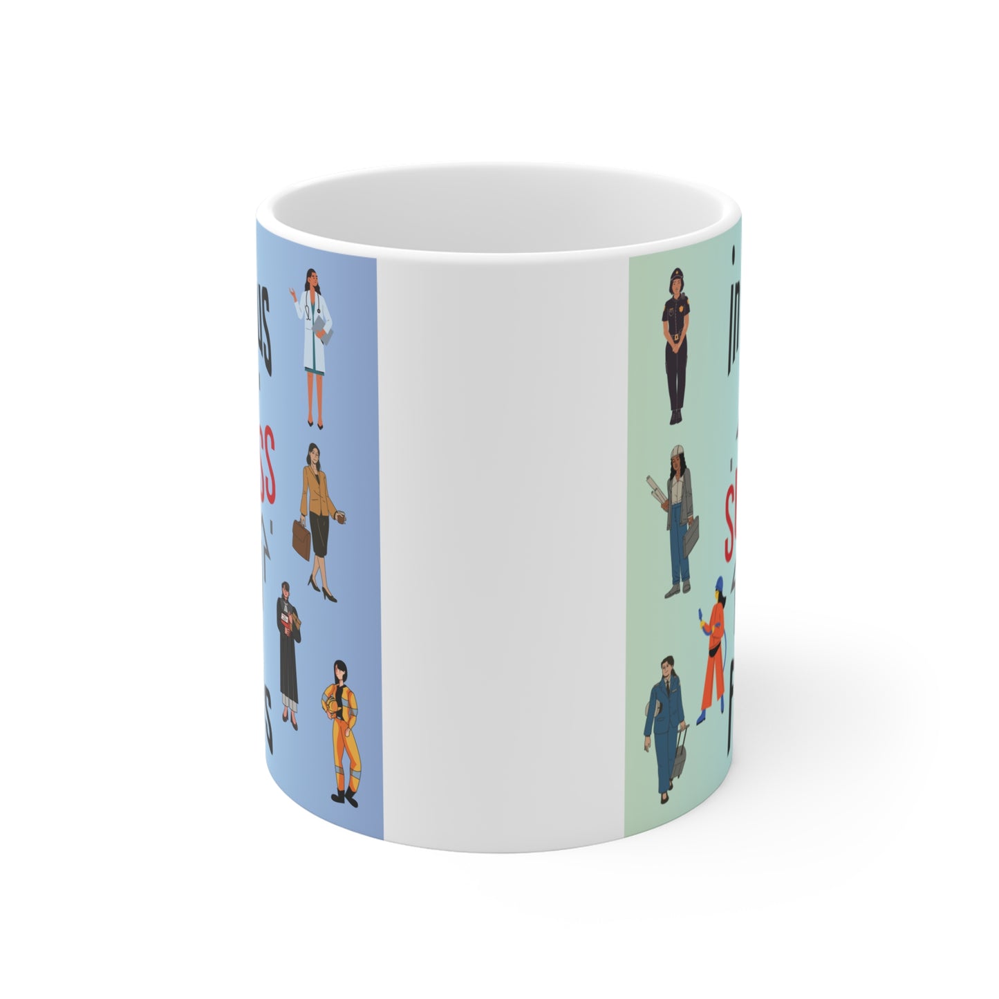 Inspirational success quote mug featuring different professions and growth arrows, empowerment coffee cup