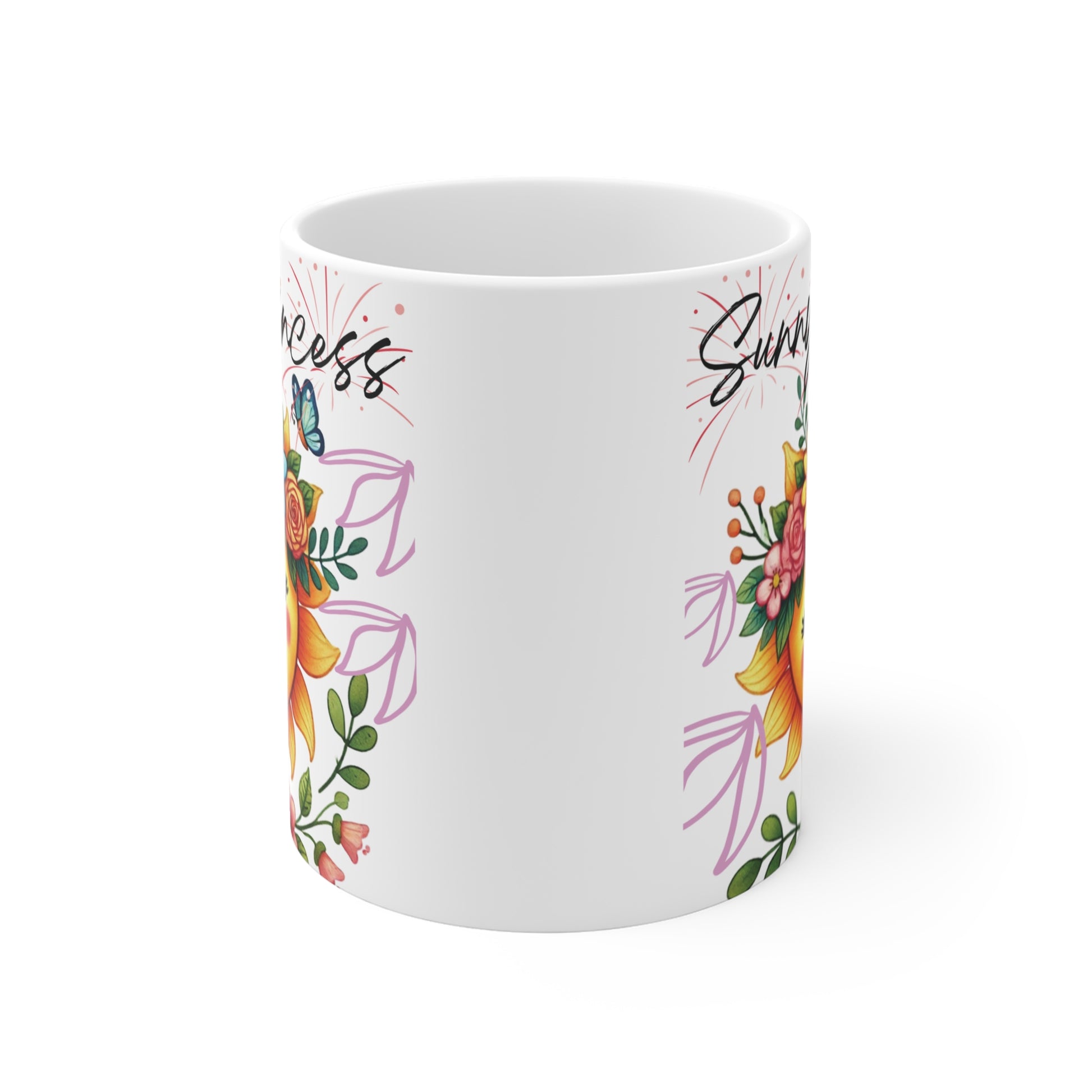 Adorable sunflower face mug with floral wreath and pastel colors, kawaii sun coffee cup for gifts and everyday use