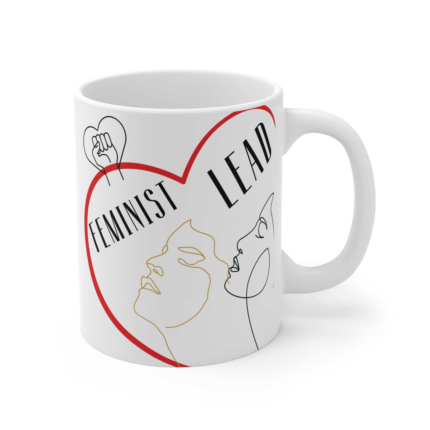Minimalist feminist mug with abstract female portraits, bold leadership message, and red heart graphic design