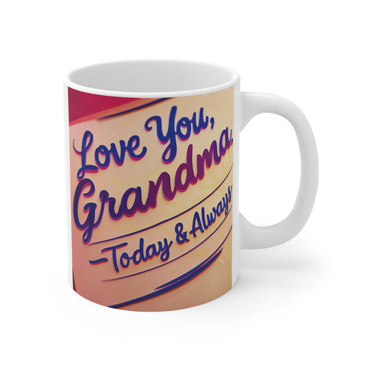 11oz ceramic coffee mug featuring the message "Love You Grandma Today & Always" in a vintage-style design, perfect gift for grandmother.