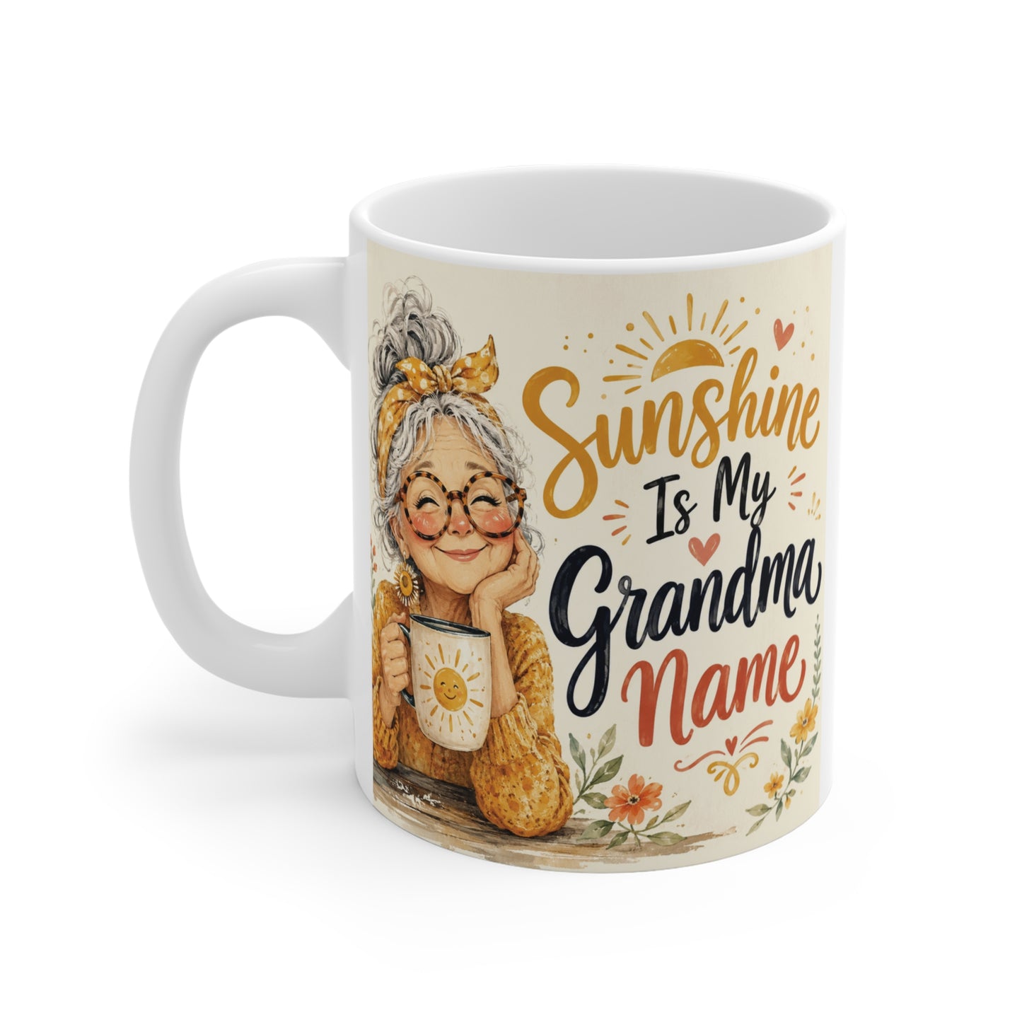 White ceramic grandma mug with vintage watercolor grandmother illustration and Sunshine Is My Grandma Name design.
