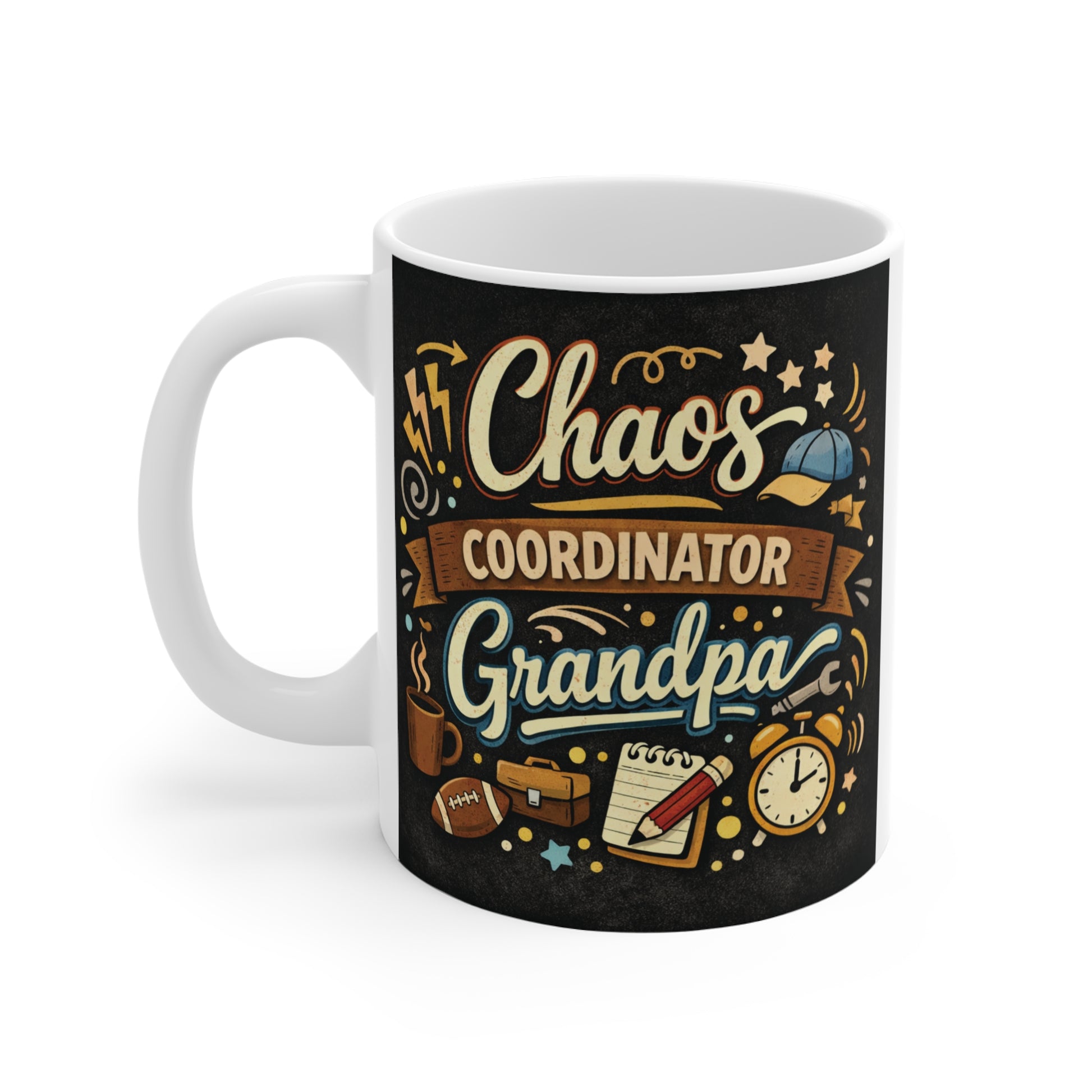 Novelty Grandpa mug featuring "Chaos Coordinator Grandpa" typography on an 11oz white ceramic coffee cup.