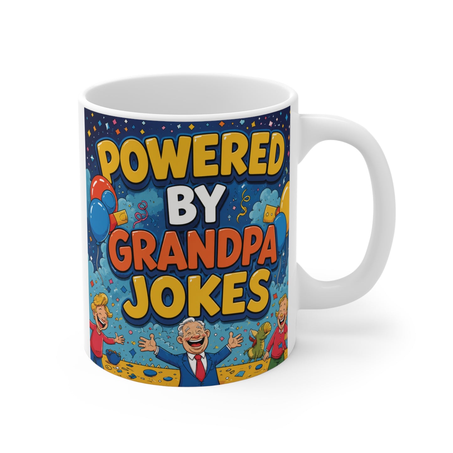 Colorful 11oz ceramic coffee mug featuring the phrase "Powered By Grandpa Jokes" with a cheerful cartoon grandpa, perfect as a funny gift for Grandpa.