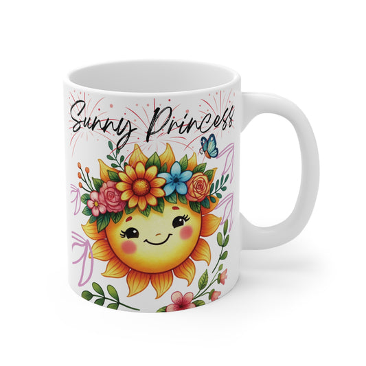 Sunny Princess sunflower mug with cute smiling sun face and floral crown, colorful coffee cup gift idea