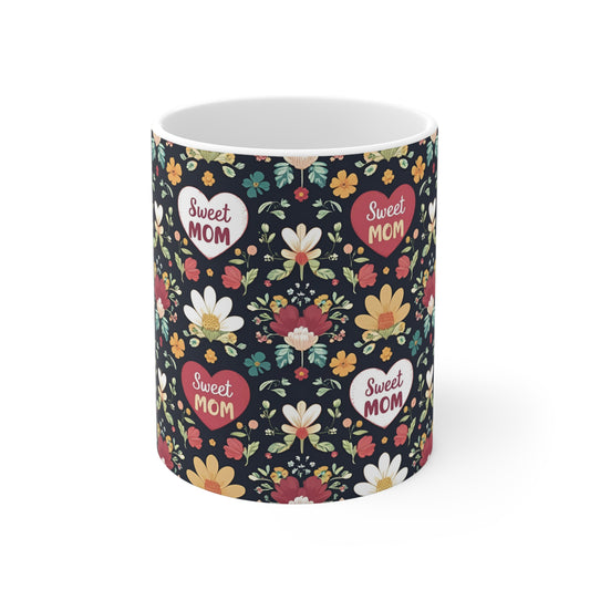 Sweet mom floral mug with heart pattern, 11oz ceramic coffee cup, cute Mother’s Day gift for mom