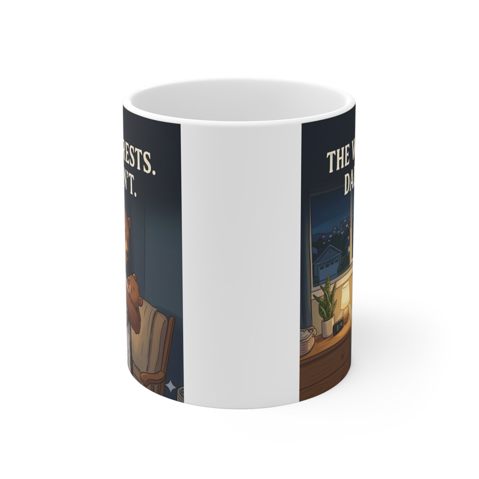 Ceramic coffee mug for dads with touching father and child illustration and inspirational parenting quote