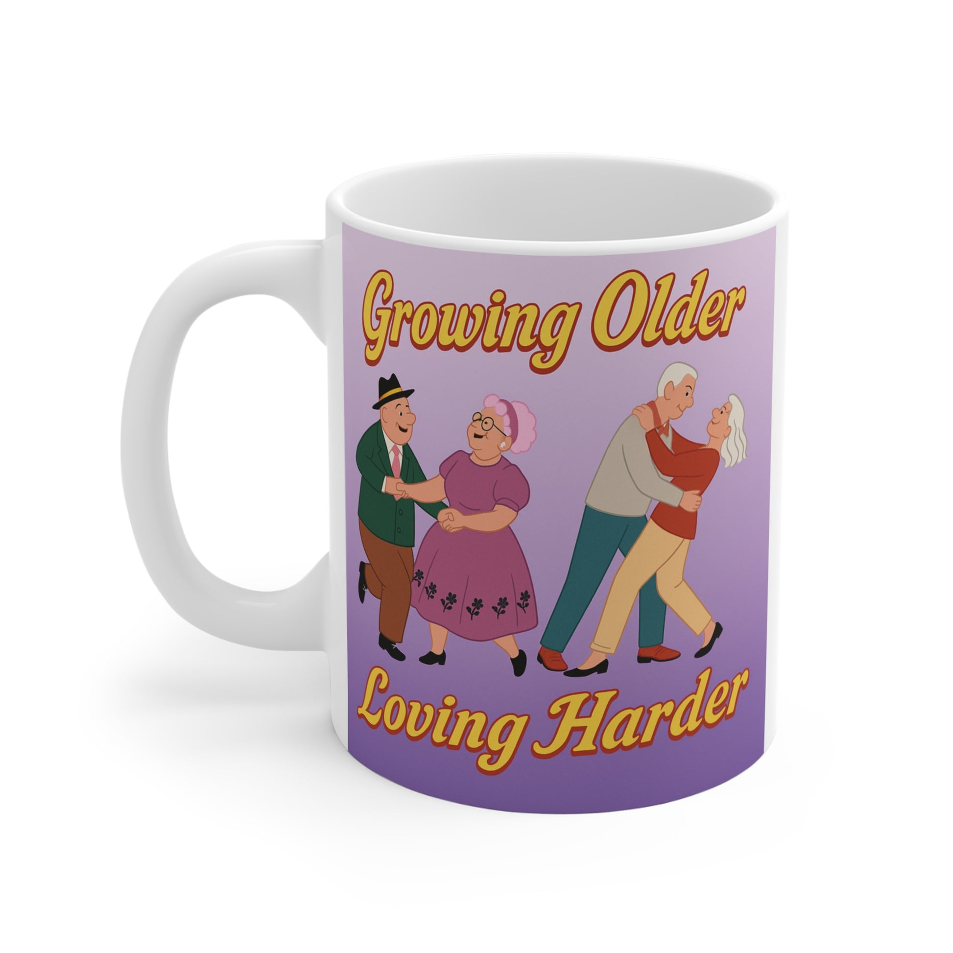 Cute couple gift mug celebrating lifelong love with vintage-inspired dancing couples and sentimental typography.