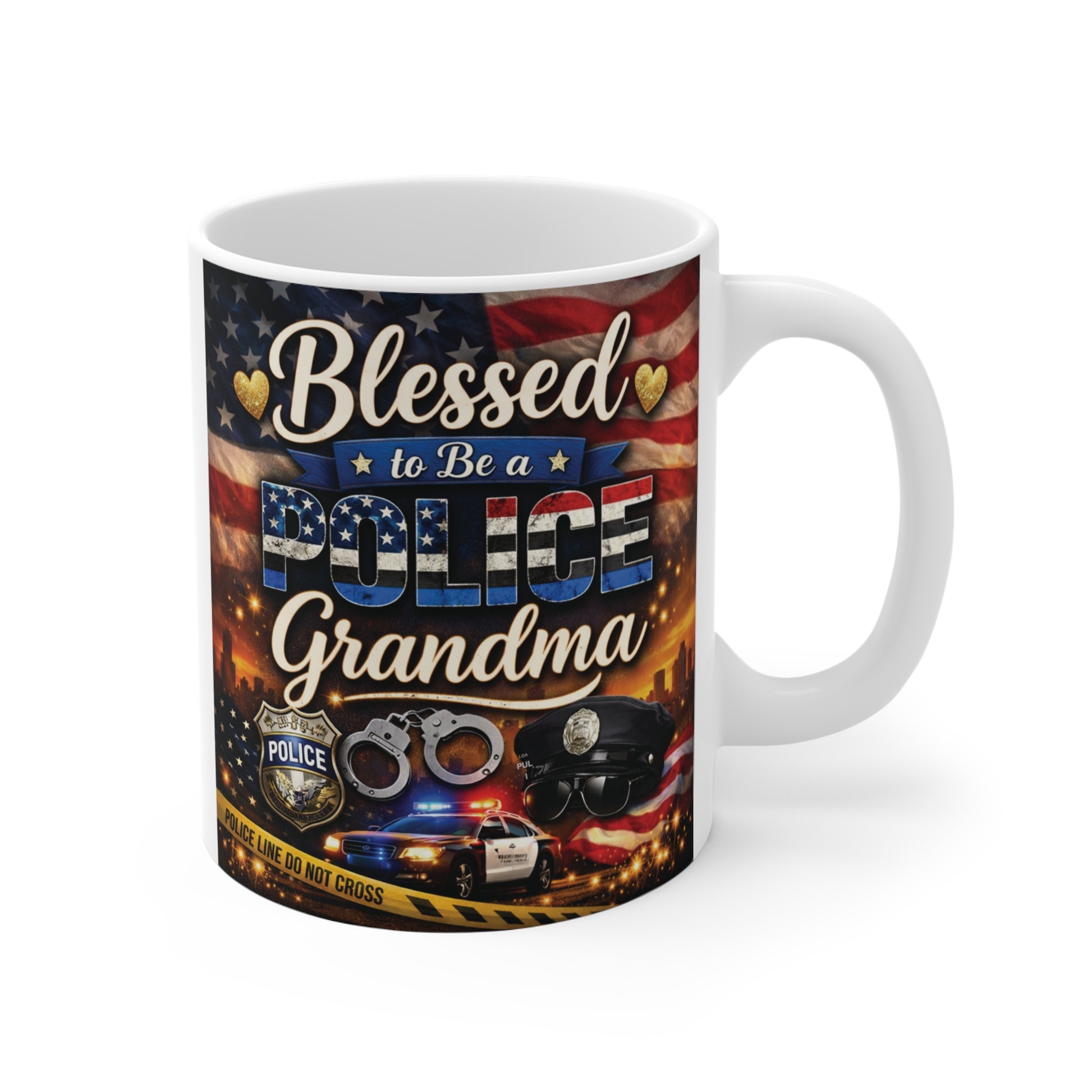 Blessed to Be a Police Grandma 11oz ceramic coffee mug with Thin Blue Line American flag and police-themed design.