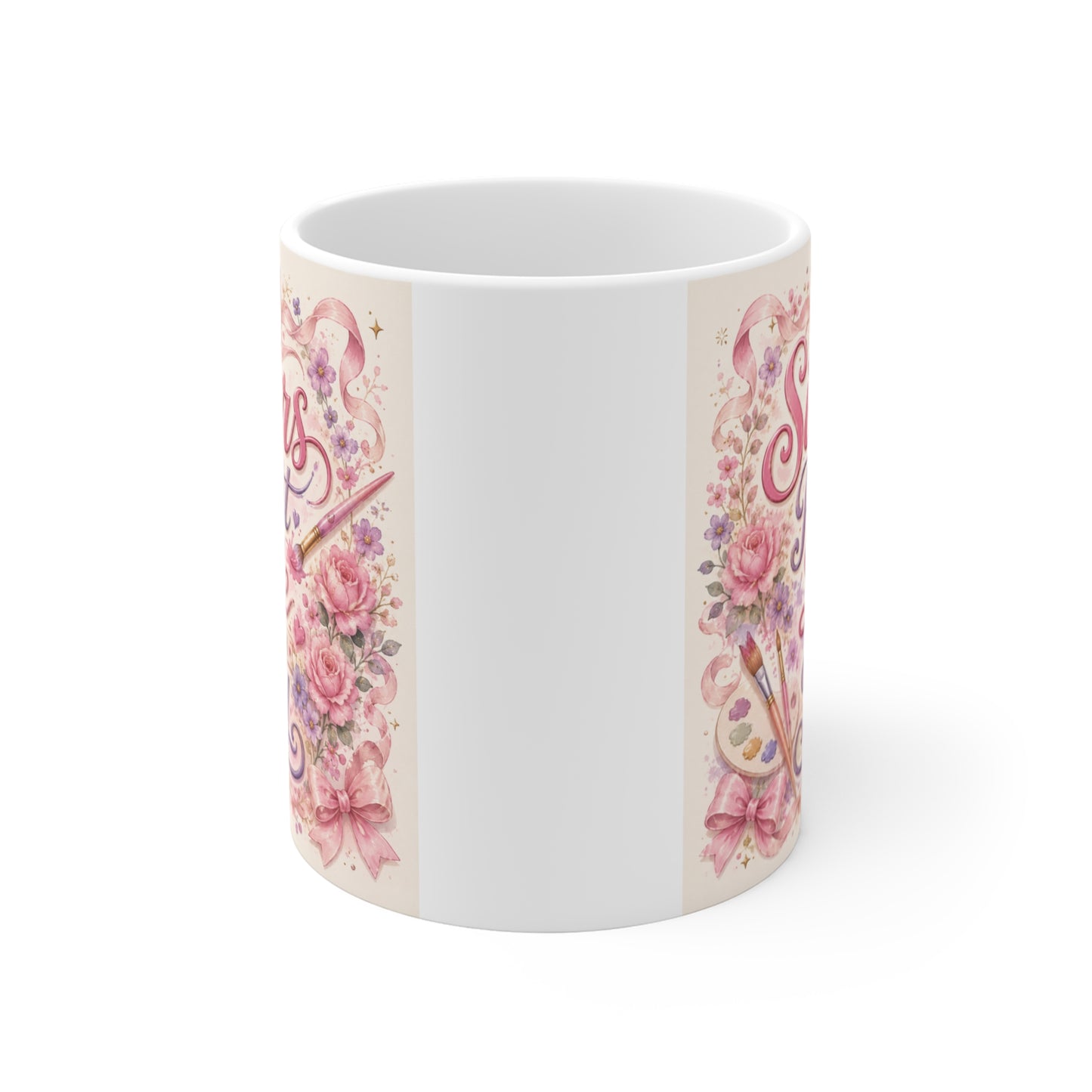 Cute floral sister coffee mug with elegant hand-lettered typography, roses, and pink bow design, perfect gift for sisters.