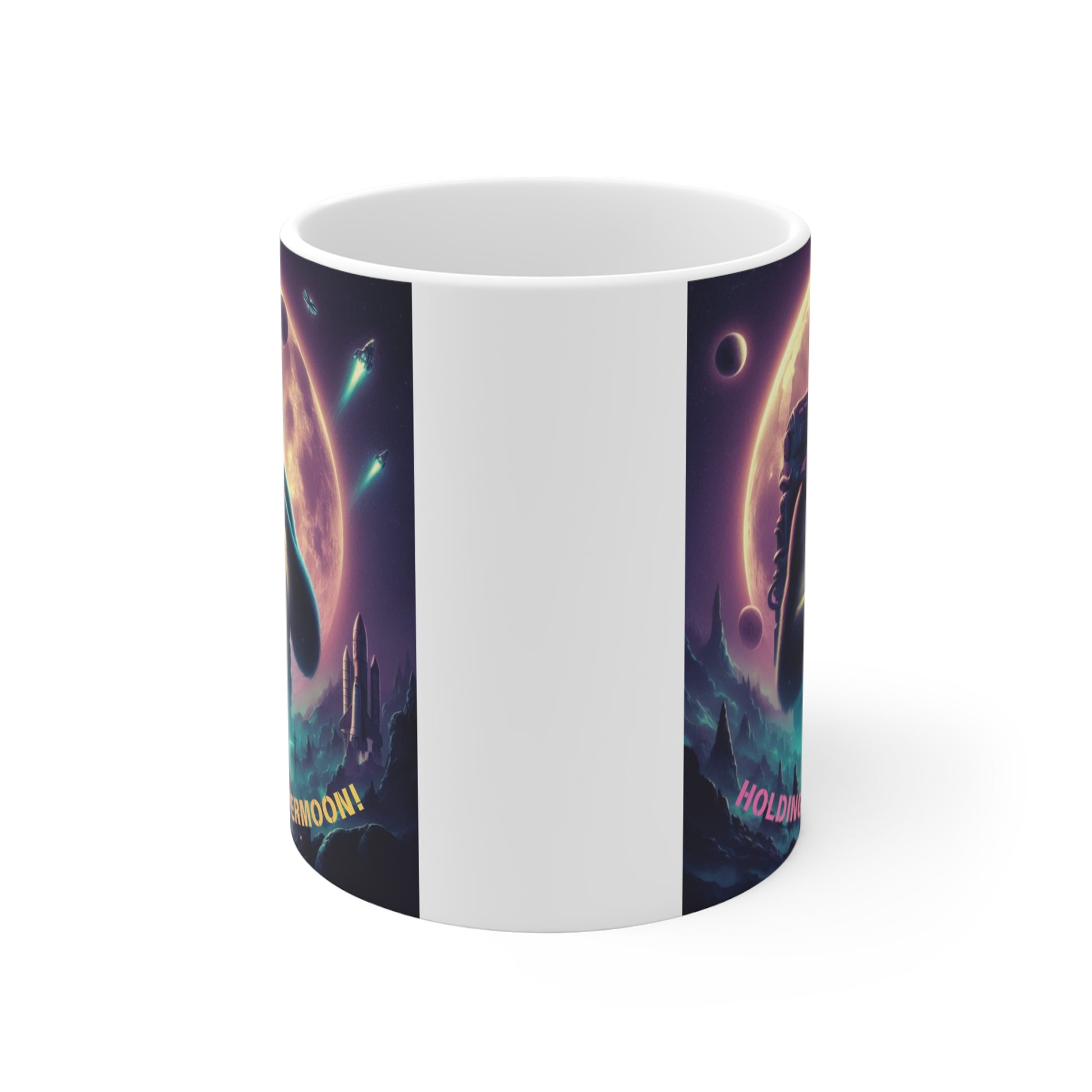 Supermoon mug with astronaut gorilla space art, vibrant galaxy coffee mug for space enthusiasts