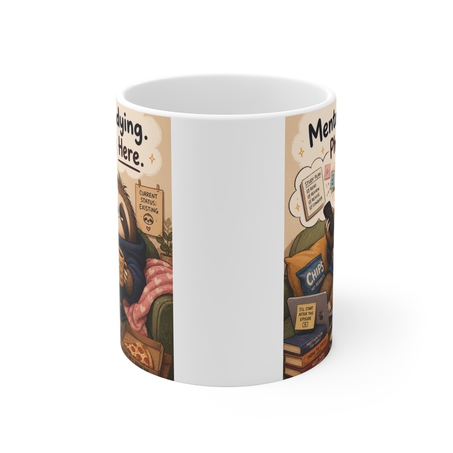 11oz white ceramic coffee mug with a colorful cartoon illustration of a lazy sloth surrounded by books and snacks.