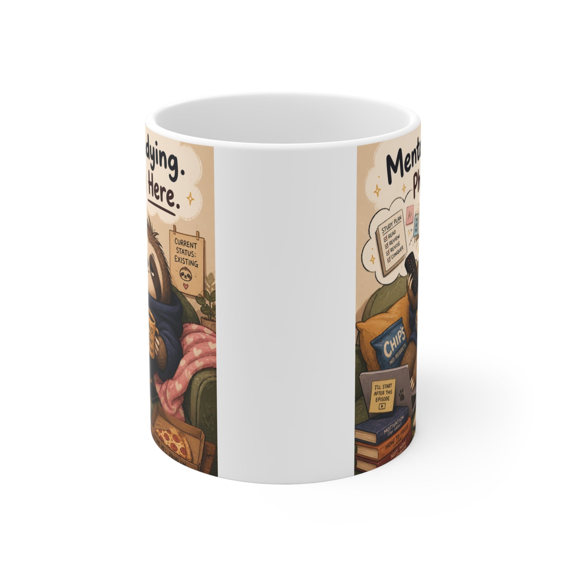 11oz white ceramic coffee mug with a colorful cartoon illustration of a lazy sloth surrounded by books and snacks.