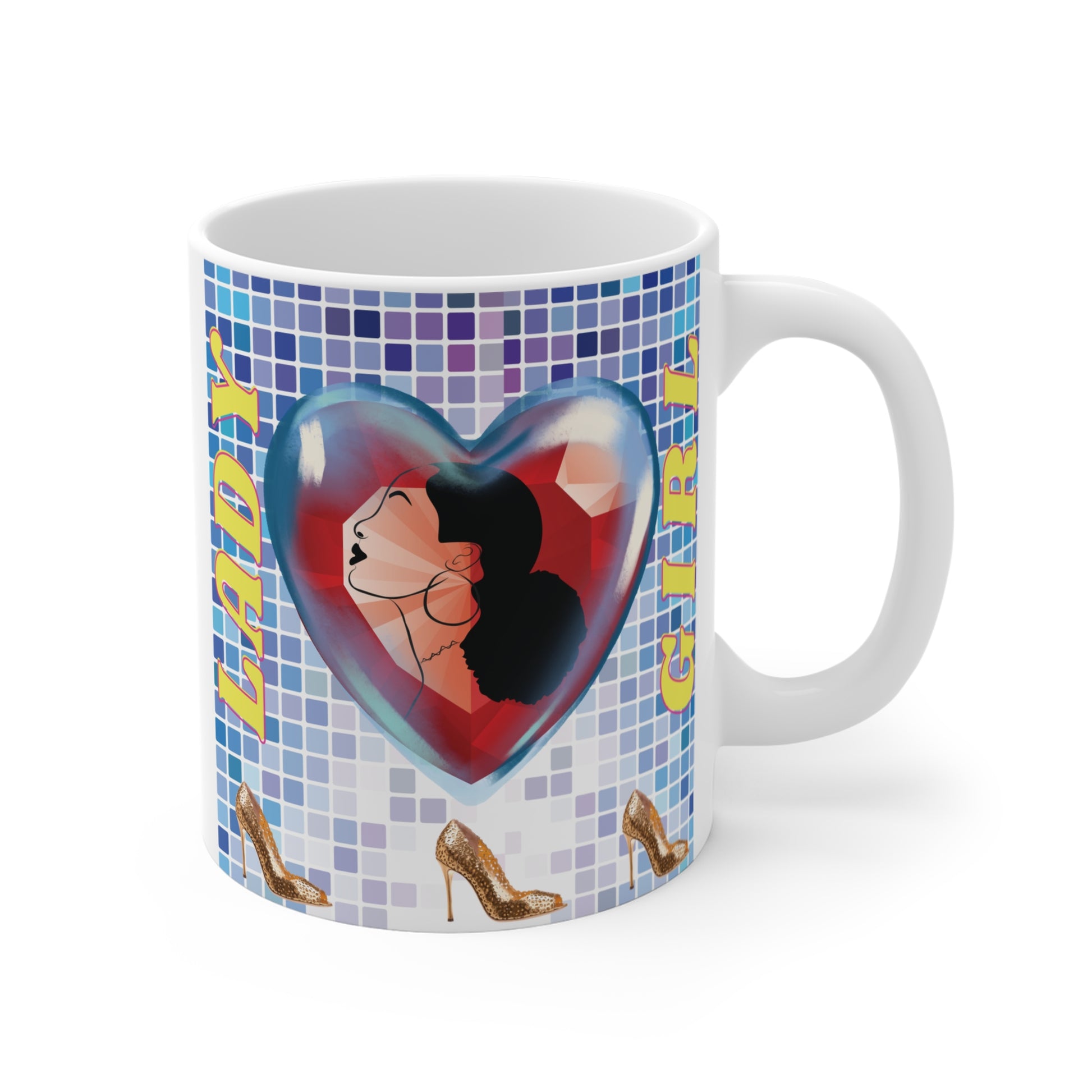 Lady girl mug with heart portrait and high heels design, stylish fashion coffee mug gift