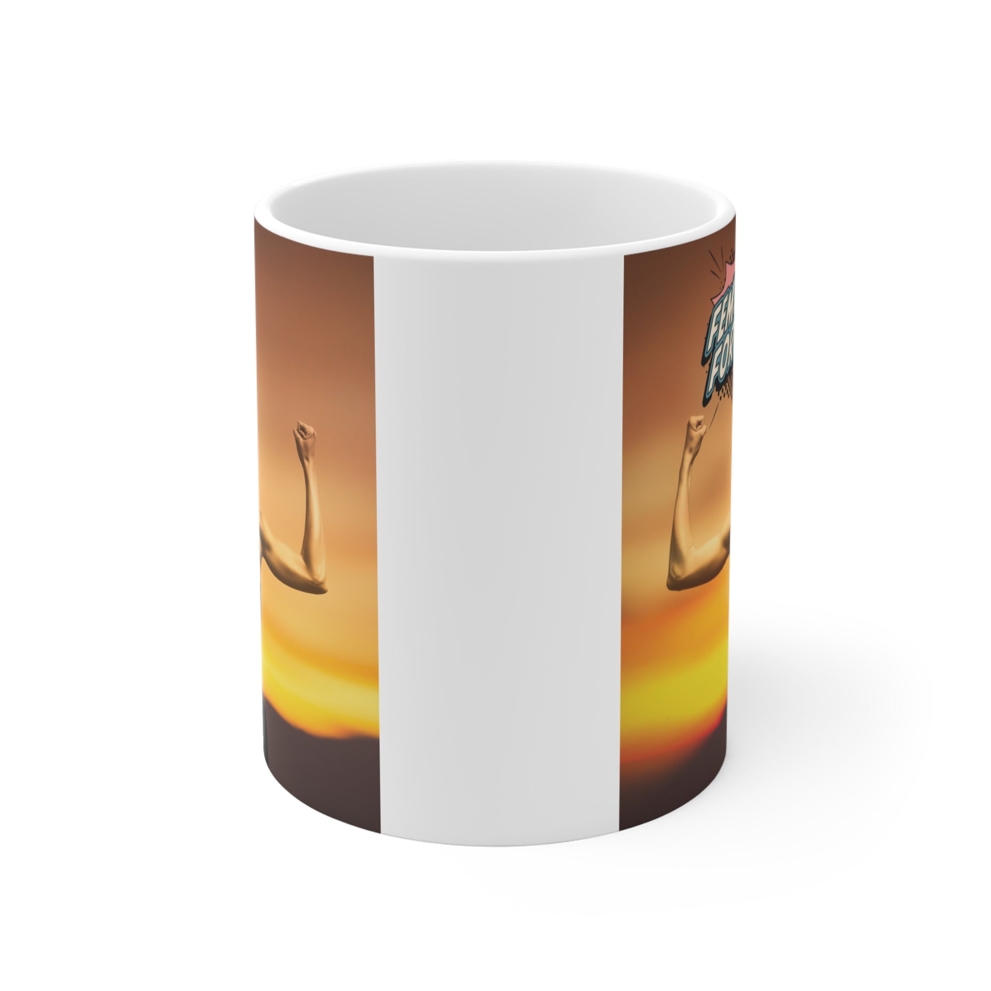 Women empowerment coffee mug featuring ‘Feminism Forward’ text and powerful female silhouette with raised arms