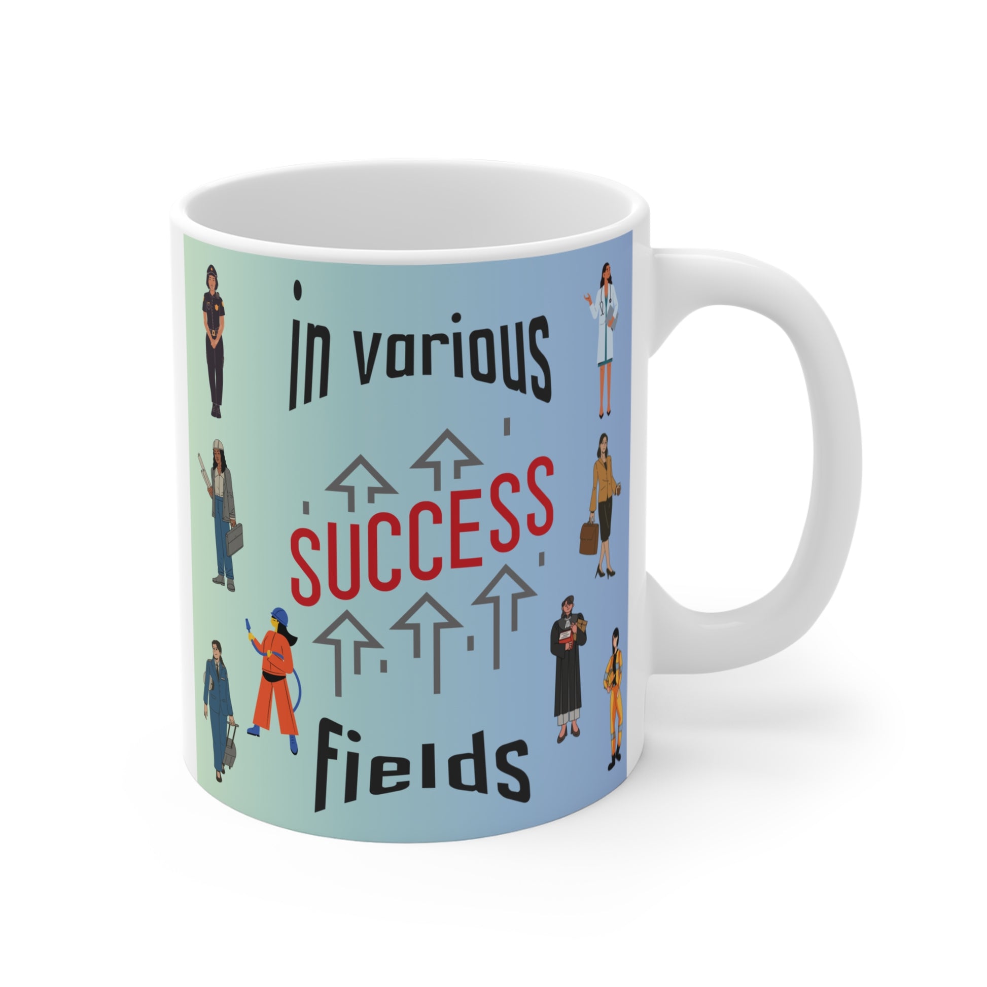 “Success in various fields” motivational mug with diverse careers illustration, inspirational coffee cup gift