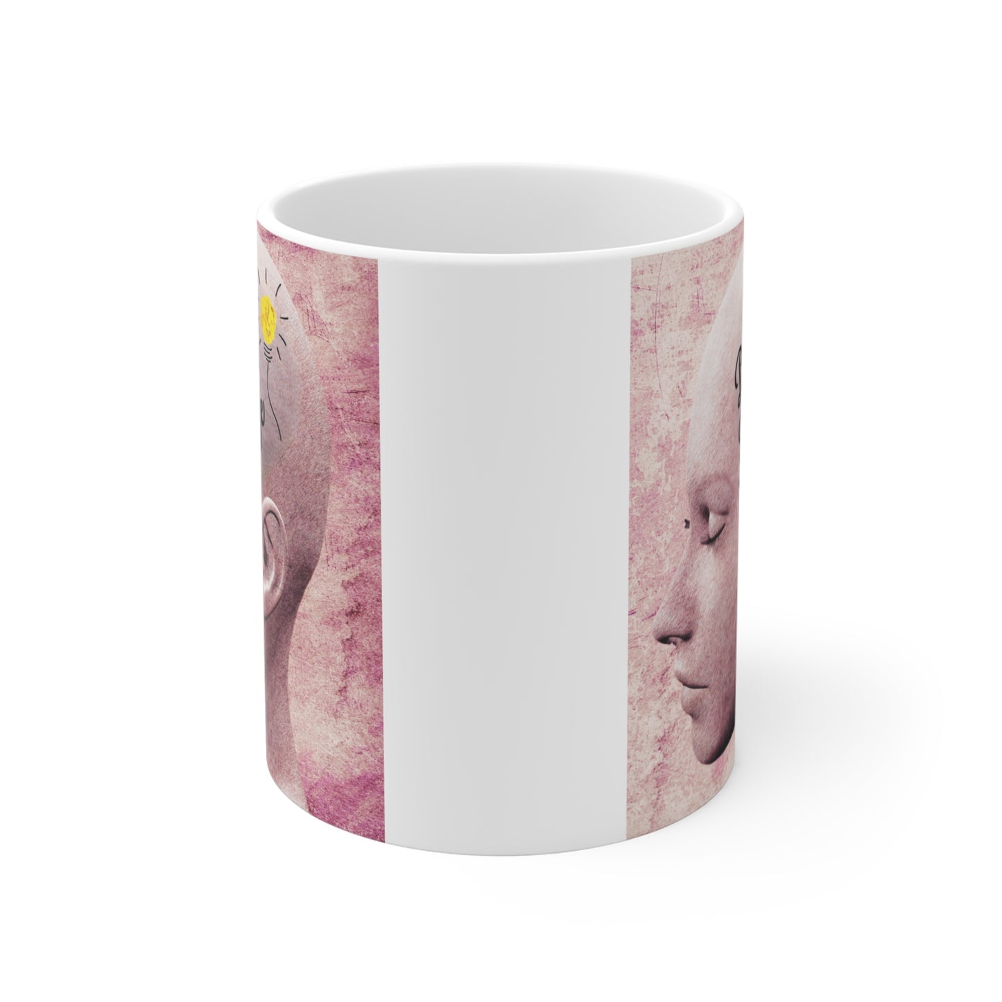Decorative ceramic mug with abstract human head design, uplifting message 'Bright Positive Courage,' and creative light bulb illustration for encouragement.