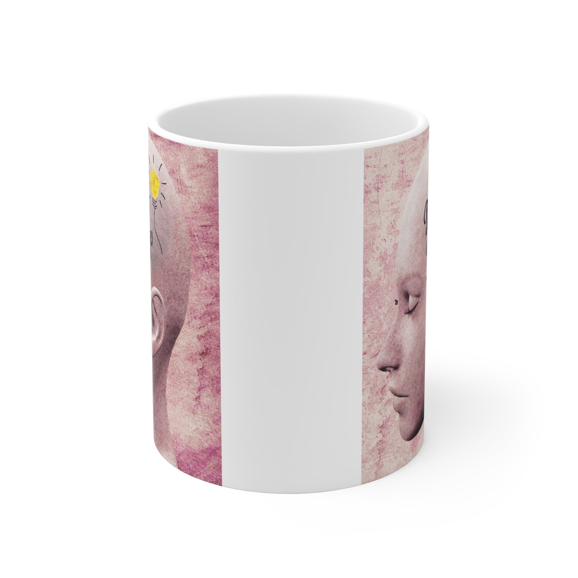 Decorative ceramic mug with abstract human head design, uplifting message 'Bright Positive Courage,' and creative light bulb illustration for encouragement.