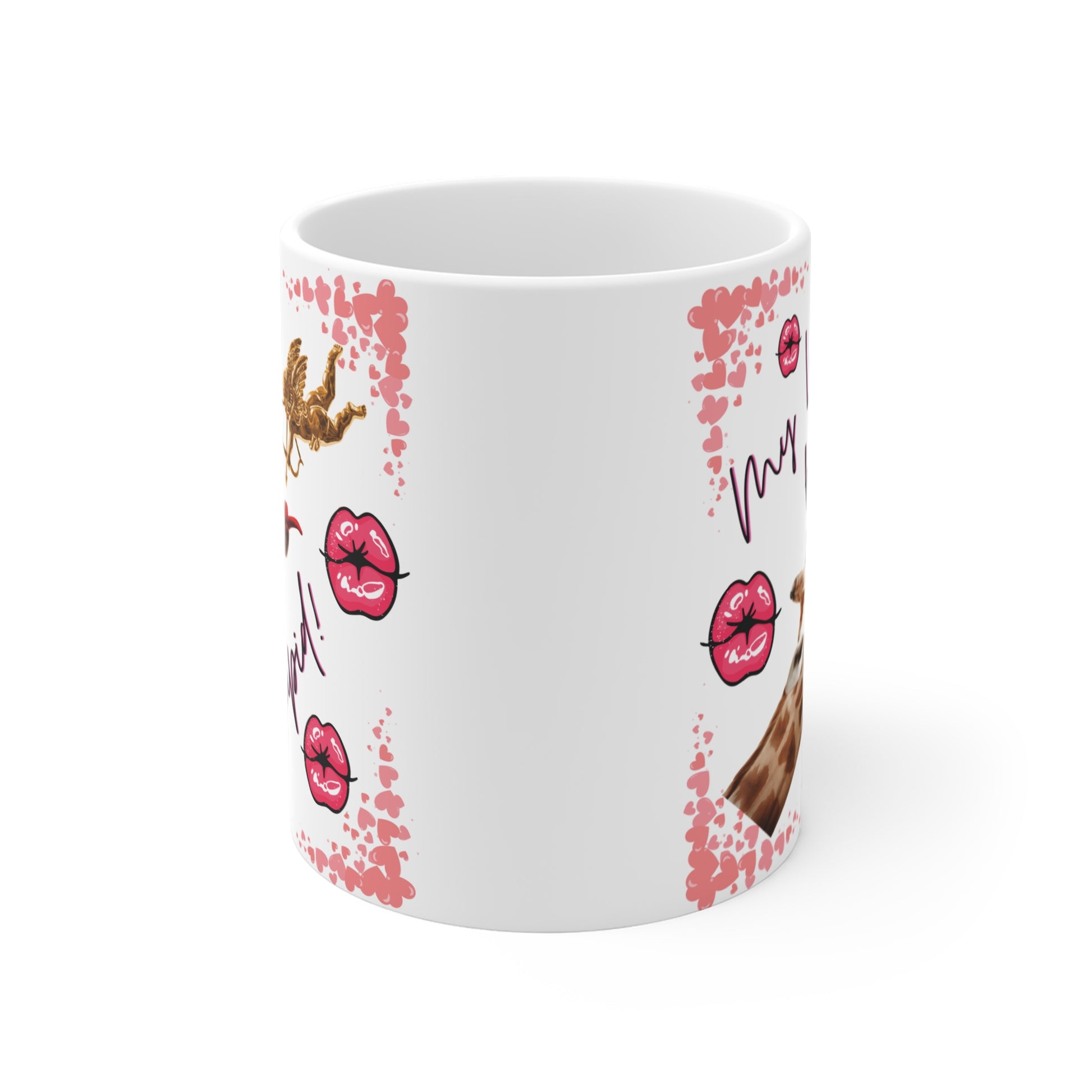 Novelty love mug featuring giraffe sending kiss to cupid with pink lips pattern, humorous romantic gift for couples