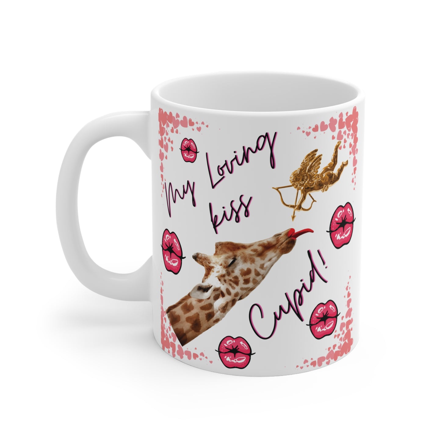 Funny Valentine mug with giraffe blowing kiss to cupid, ‘My Loving Kiss Cupid’ design with lips on white ceramic coffee cup