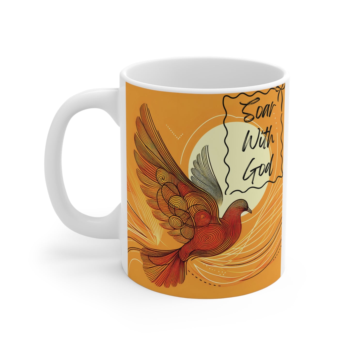Christian inspirational mug with soaring bird illustration and “Soar With God” quote on warm orange background