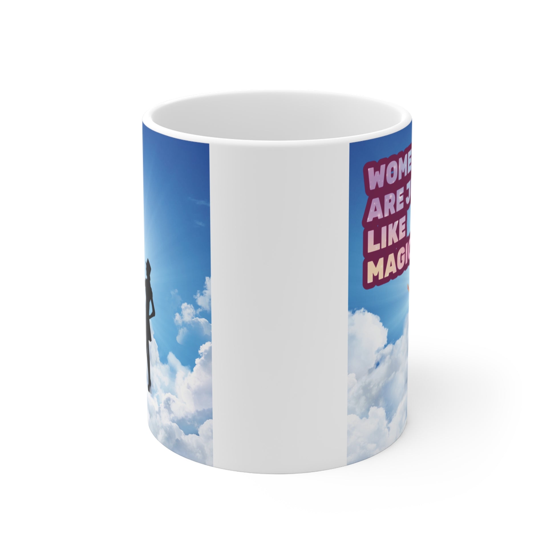 Empowerment mug for women with magic concept, sky background and magician illustration, unique gift idea