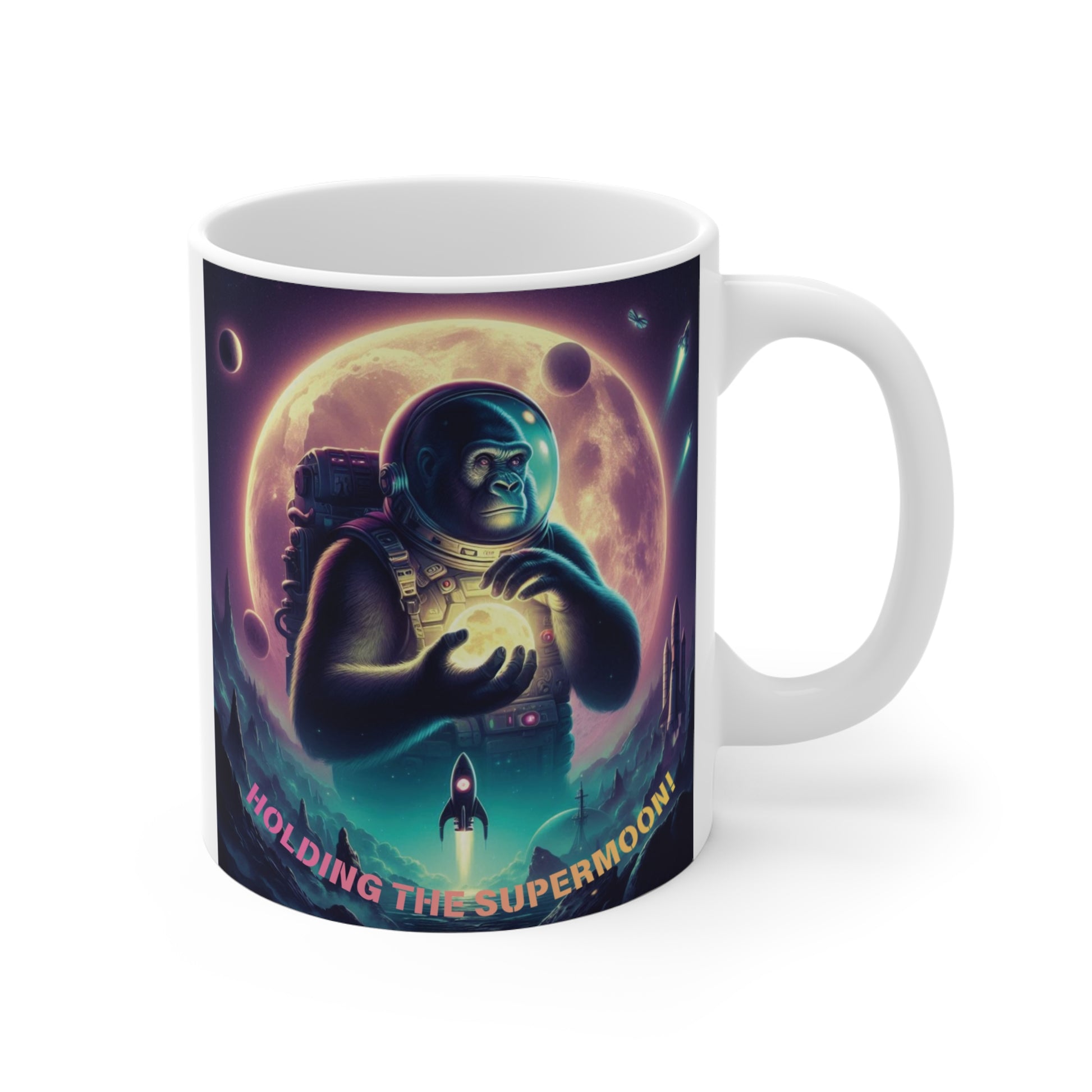 Cosmic gorilla astronaut mug holding glowing supermoon, 11oz space mug with galaxy sci-fi design
