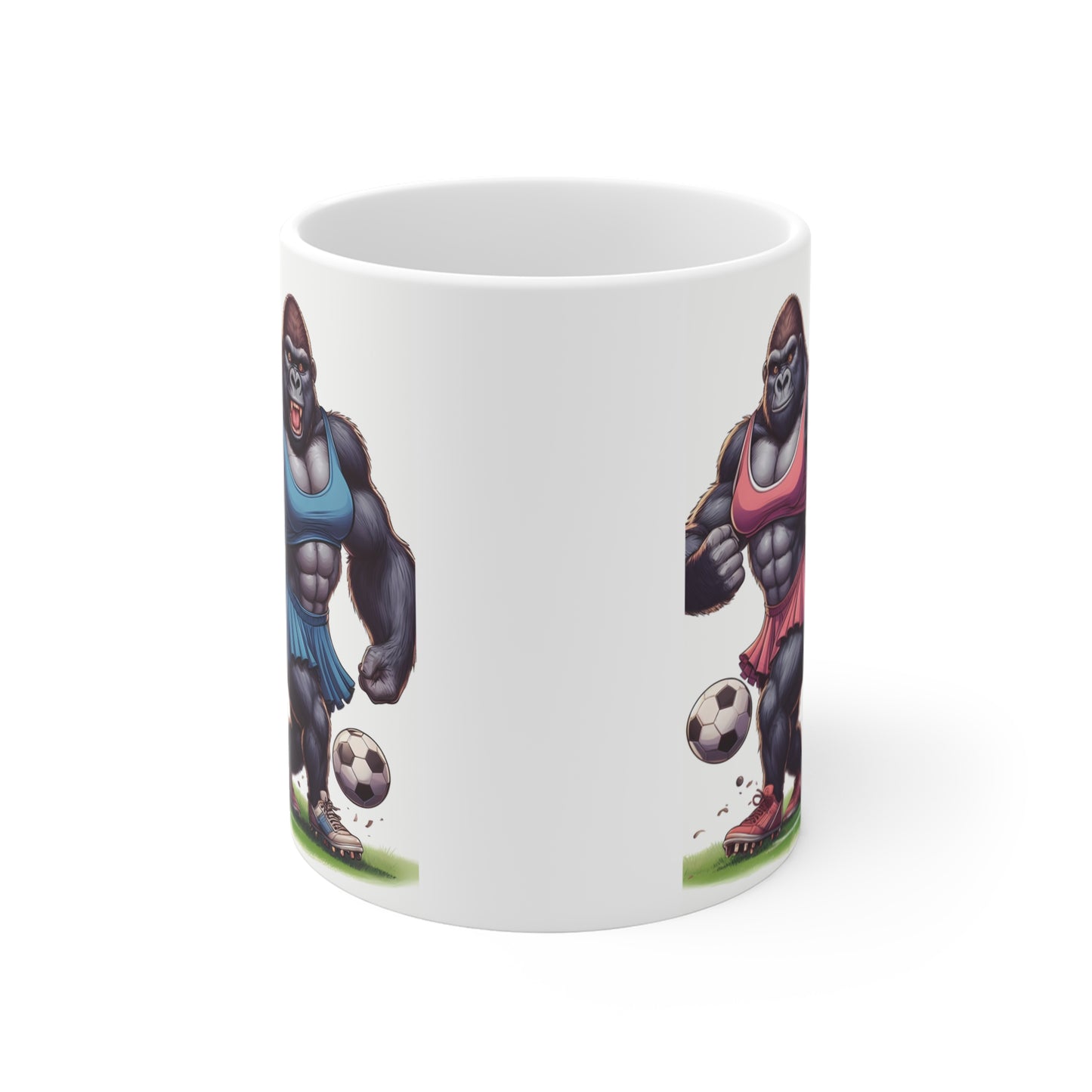 Gorilla athlete coffee mug with strong cartoon gorillas wearing pink and blue sports outfits on a soccer field, humorous sports fan gift mug.