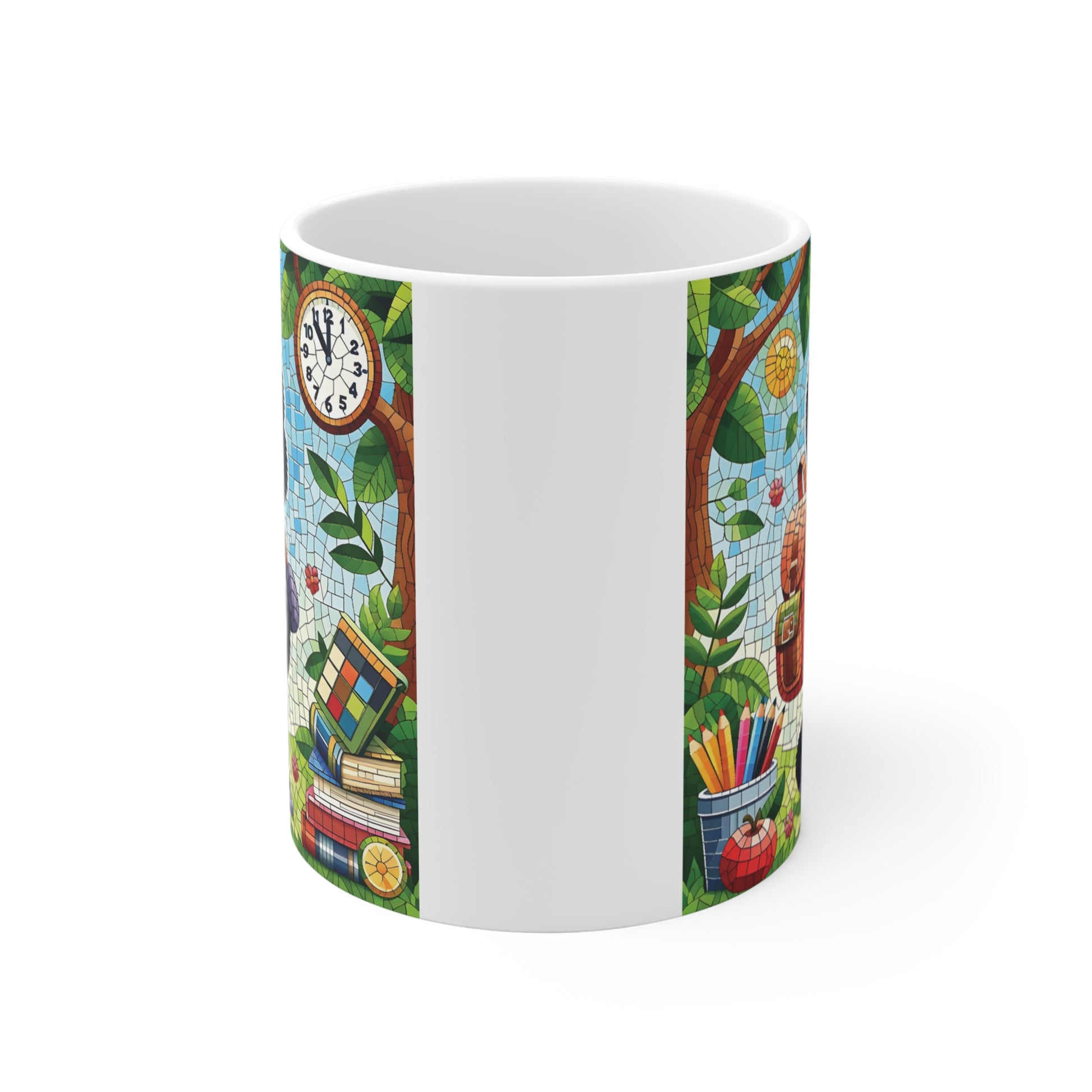 Colorful mosaic gorilla carrying a backpack on a ceramic mug, surrounded by books, pencils, leaves, and a school clock, ideal for back-to-school gifts.